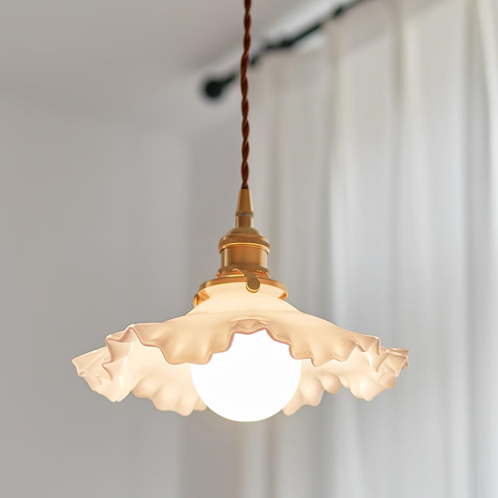Pendant Lamp Glass Ruffle Shade Brass Warm Glow