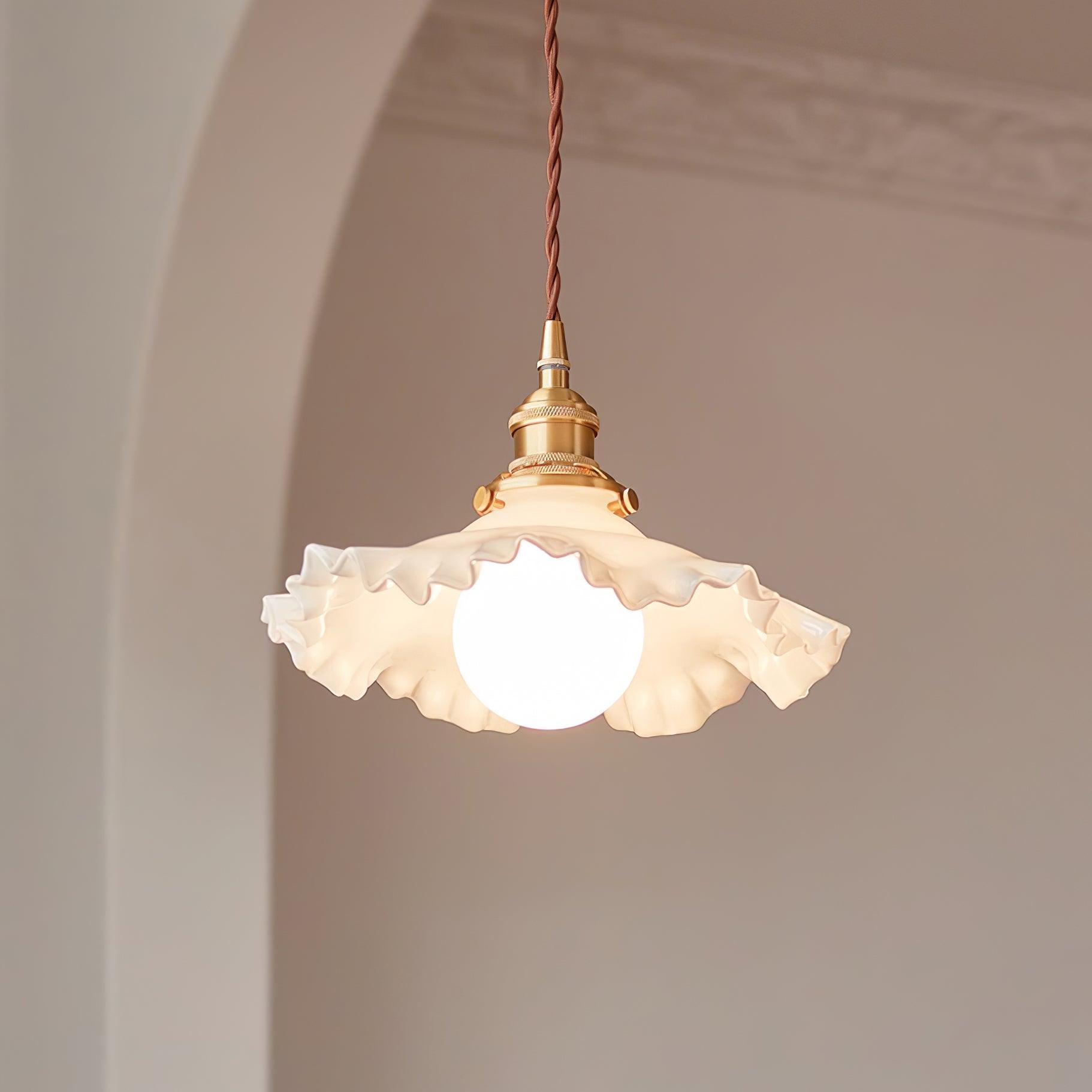 Pendant Lamp Glass Ruffle Shade Brass Warm Glow