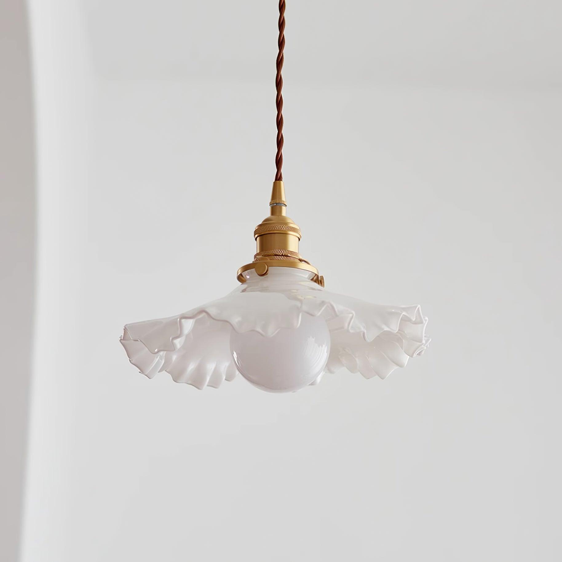 Pendant Lamp Glass Ruffle Shade Brass Warm Glow