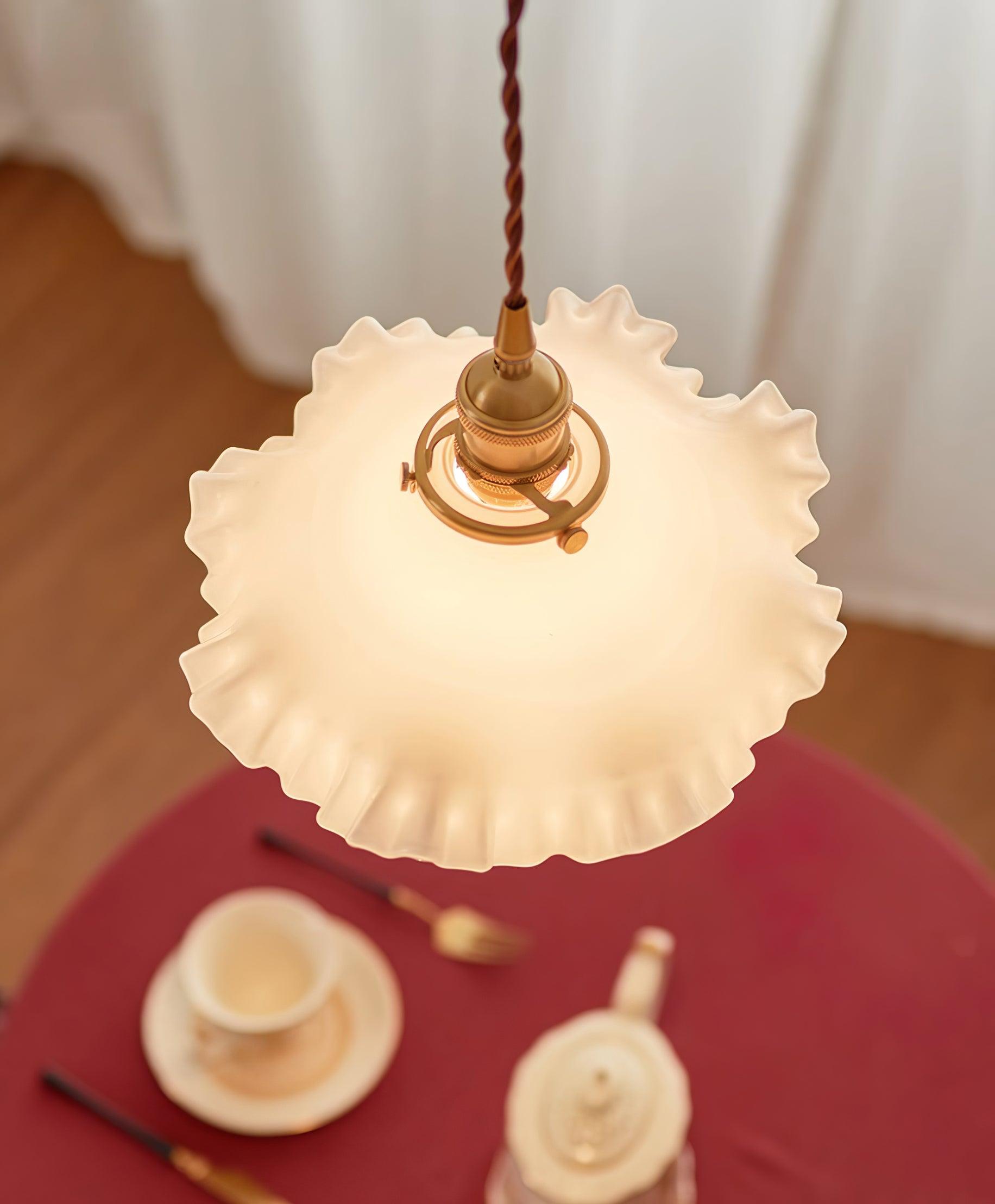 Pendant Lamp Glass Ruffle Shade Brass Warm Glow