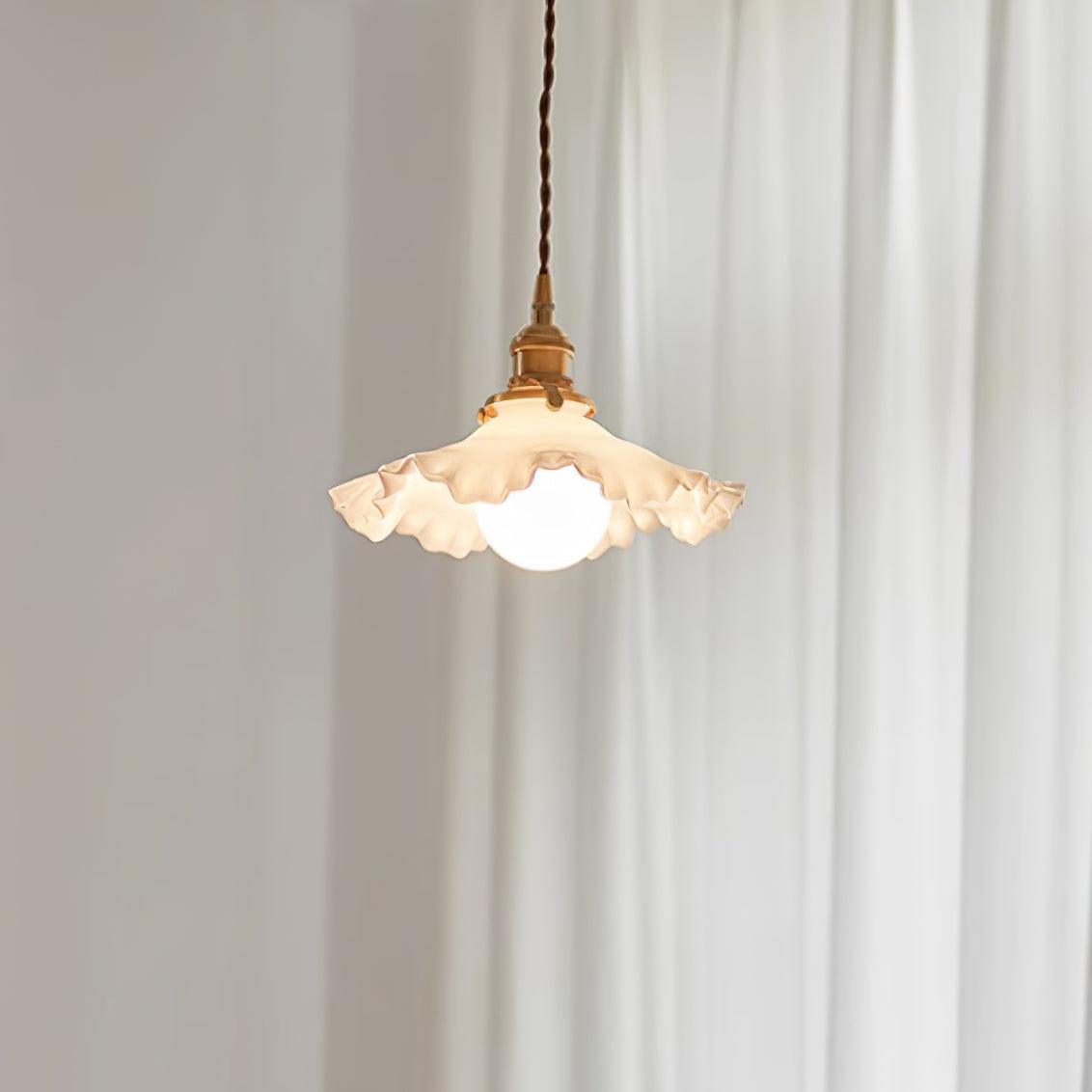 Pendant Lamp Glass Ruffle Shade Brass Warm Glow