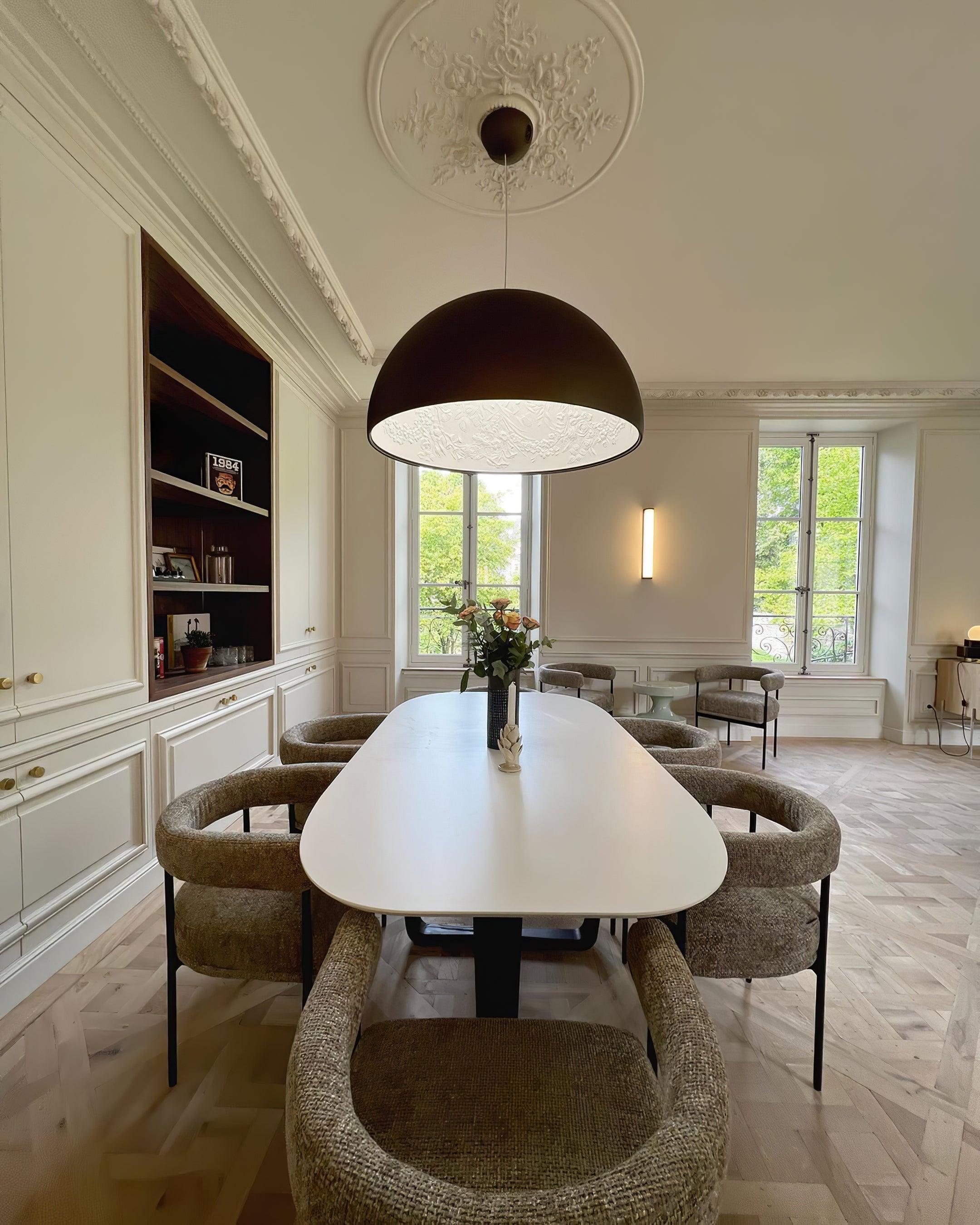 Pendant Lamp Black Dome with Embossed Plaster Interior Elegant