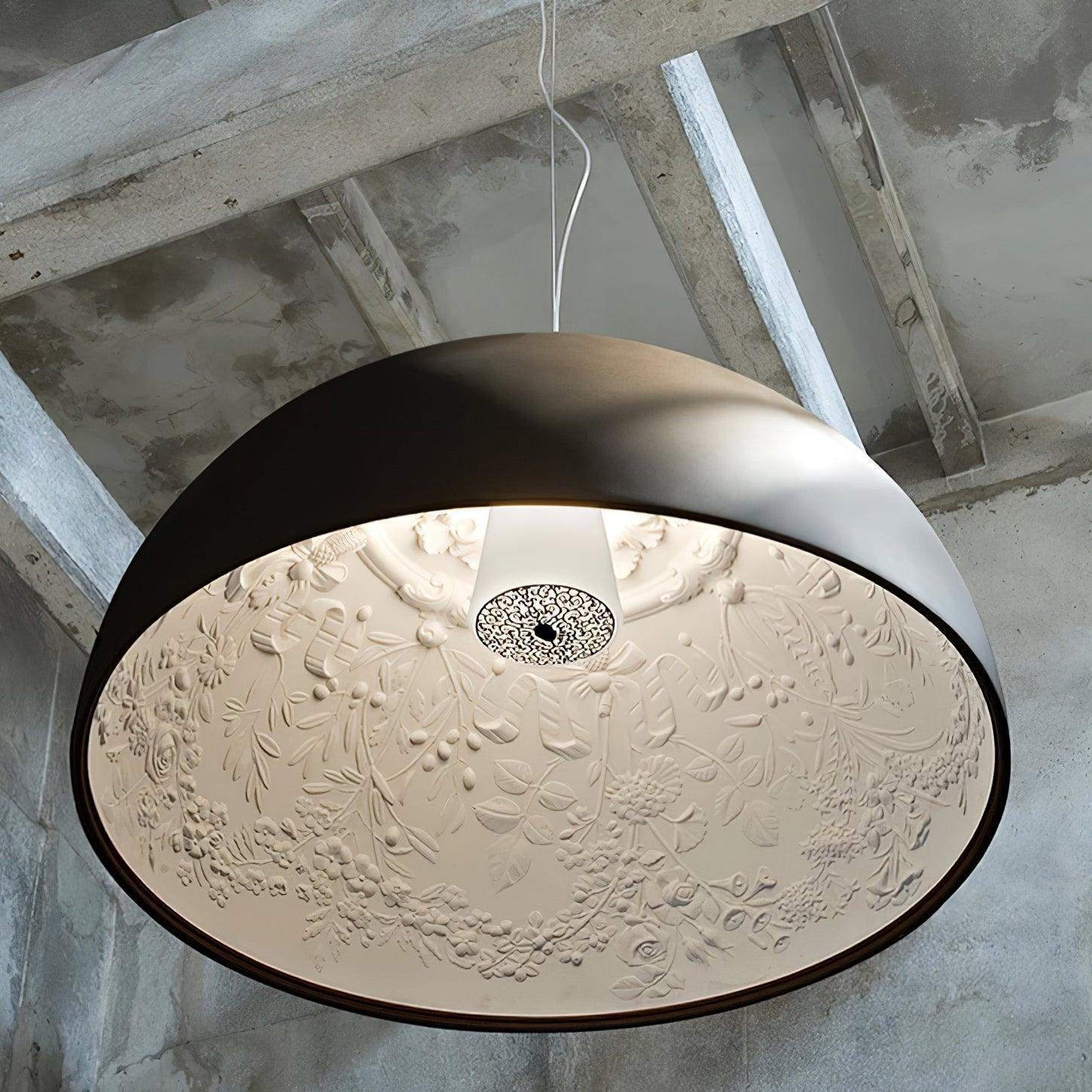Pendant Lamp Black Dome with Embossed Plaster Interior Elegant
