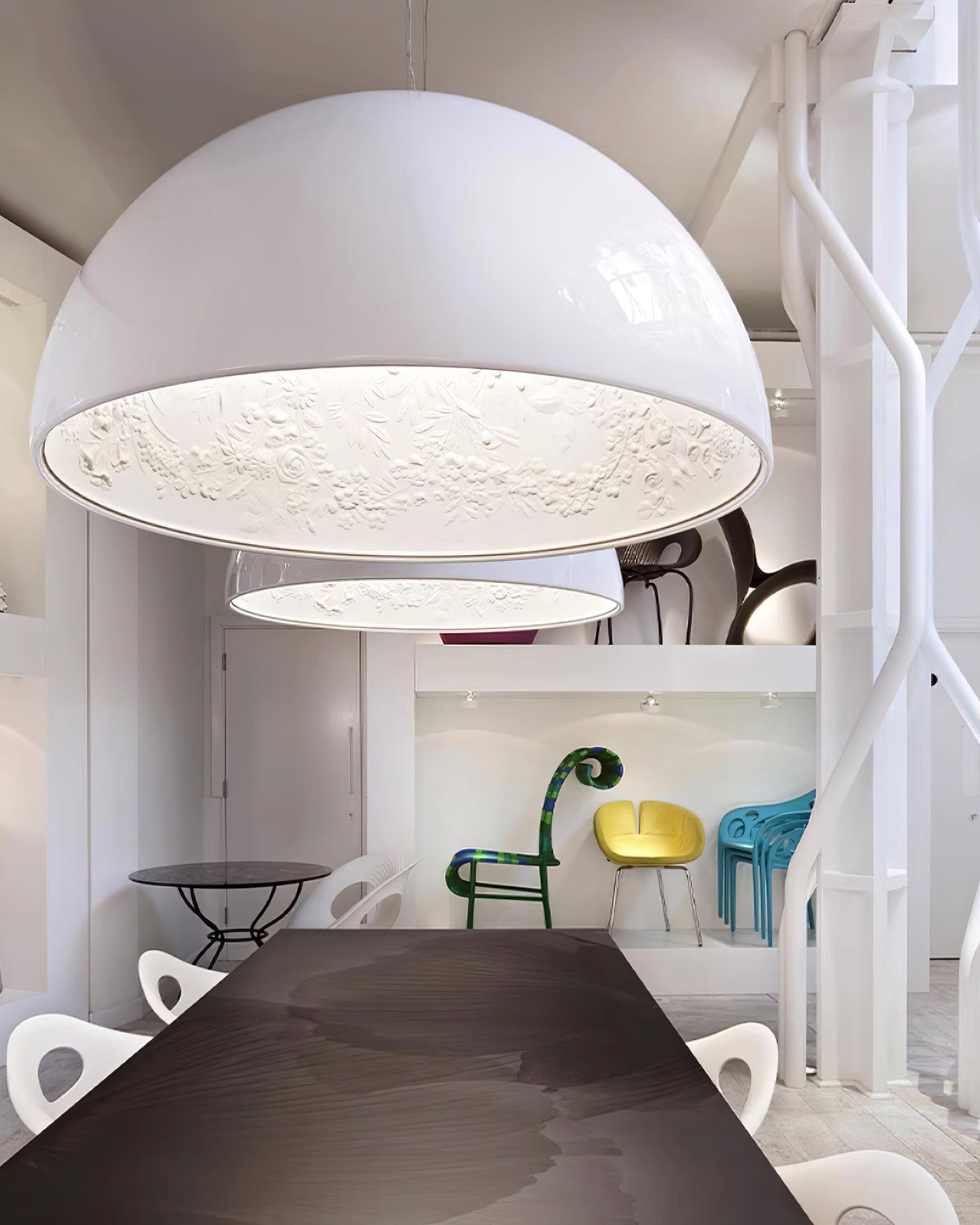 Pendant Lamp Black Dome with Embossed Plaster Interior Elegant