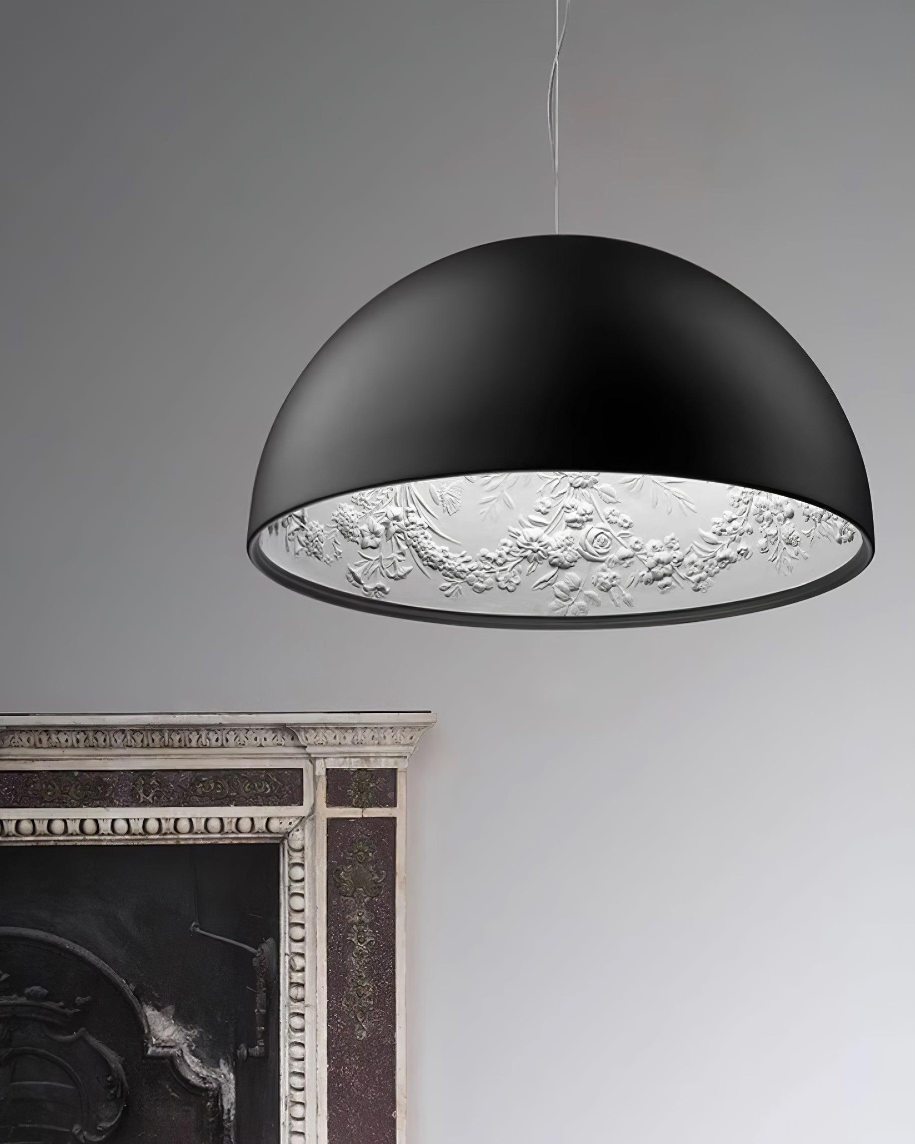 Pendant Lamp Black Dome with Embossed Plaster Interior Elegant