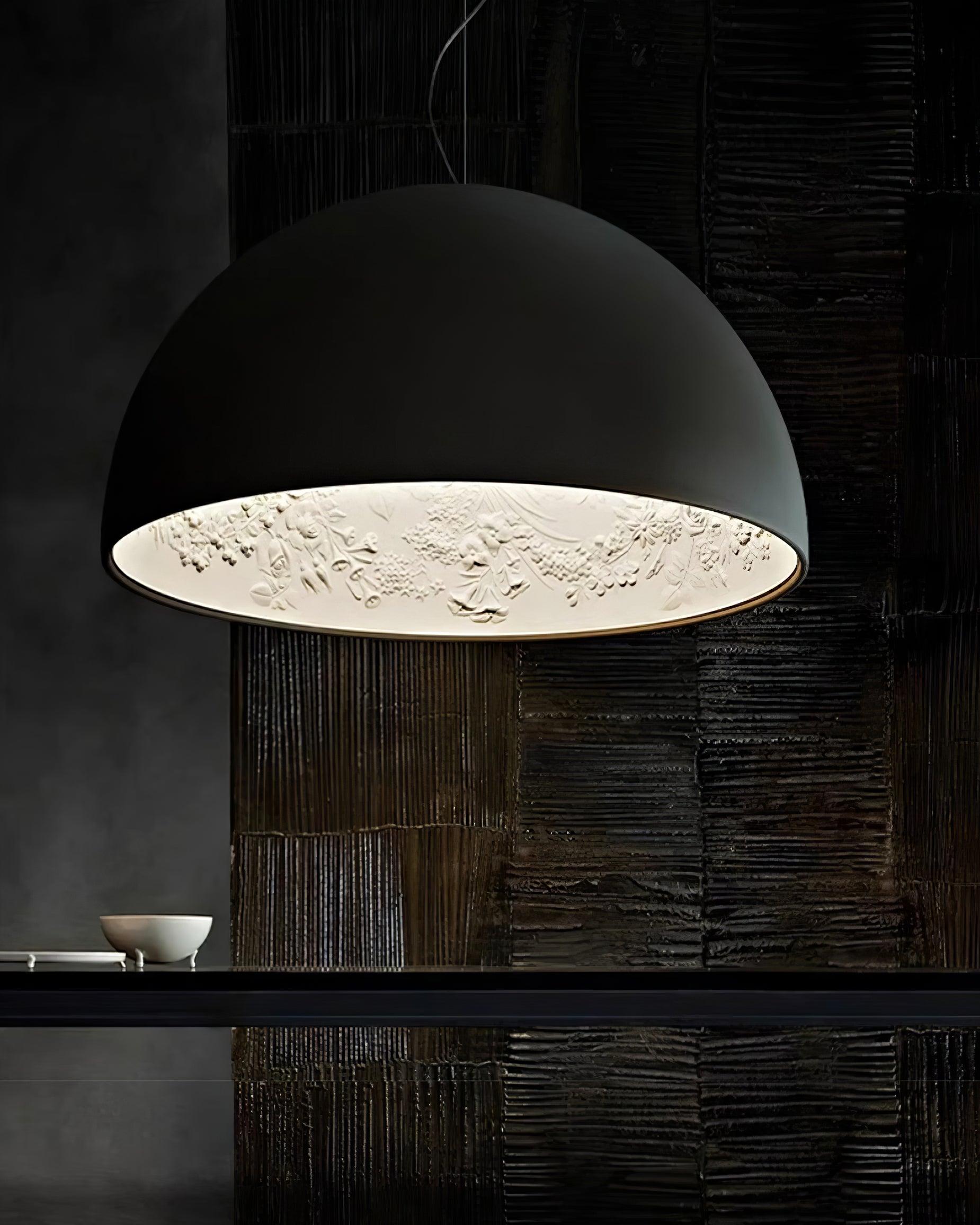 Pendant Lamp Black Dome with Embossed Plaster Interior Elegant