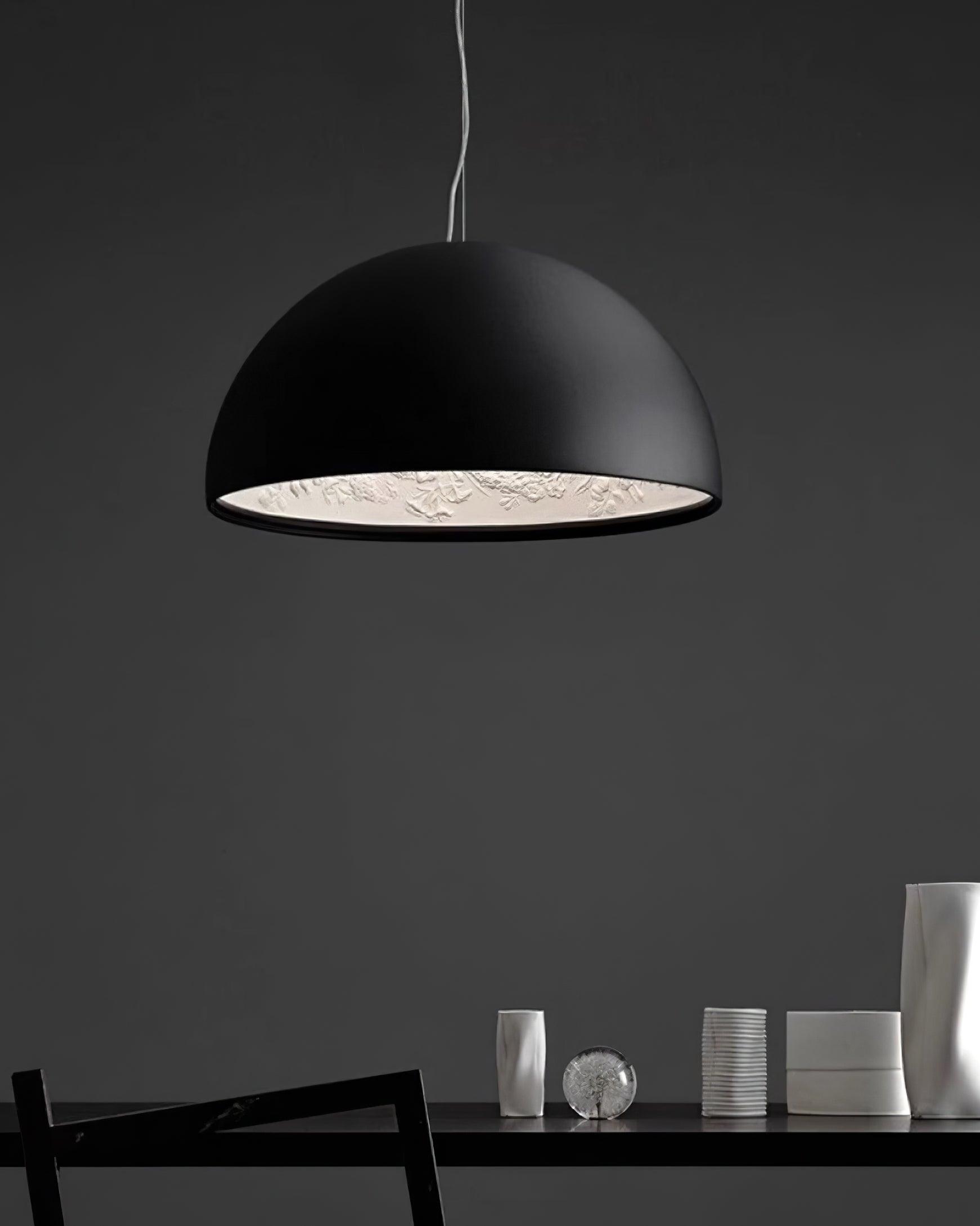Pendant Lamp Black Dome with Embossed Plaster Interior Elegant