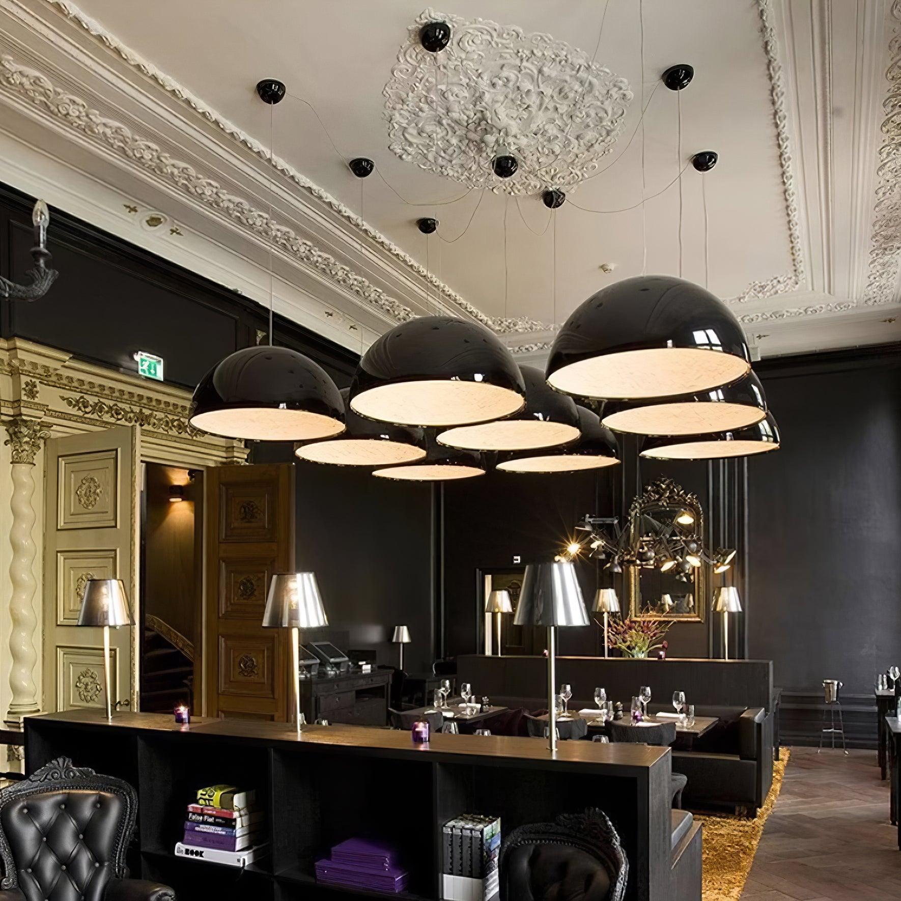 Pendant Lamp Black Dome with Embossed Plaster Interior Elegant