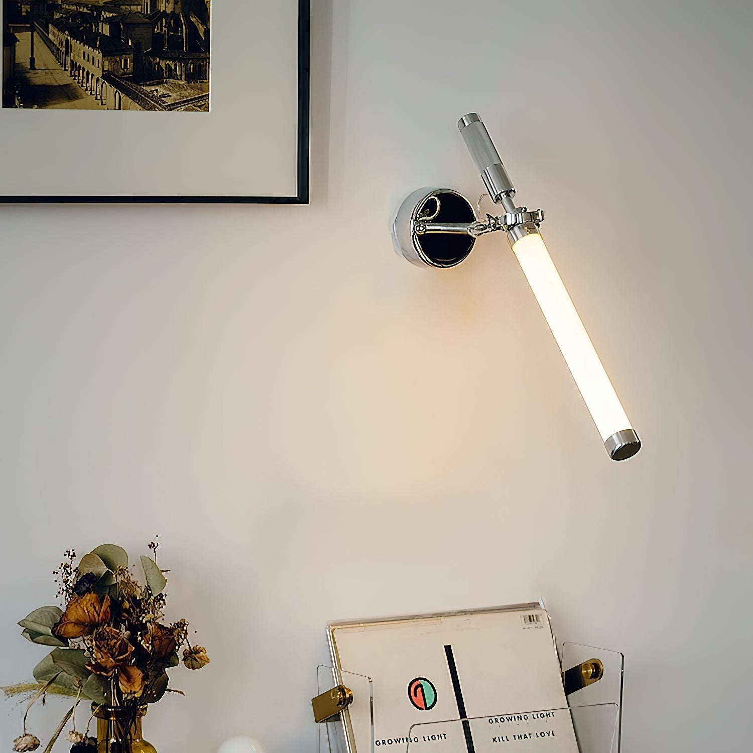 The Skylark Wall Lamp illuminated, casting a warm, inviting glow.