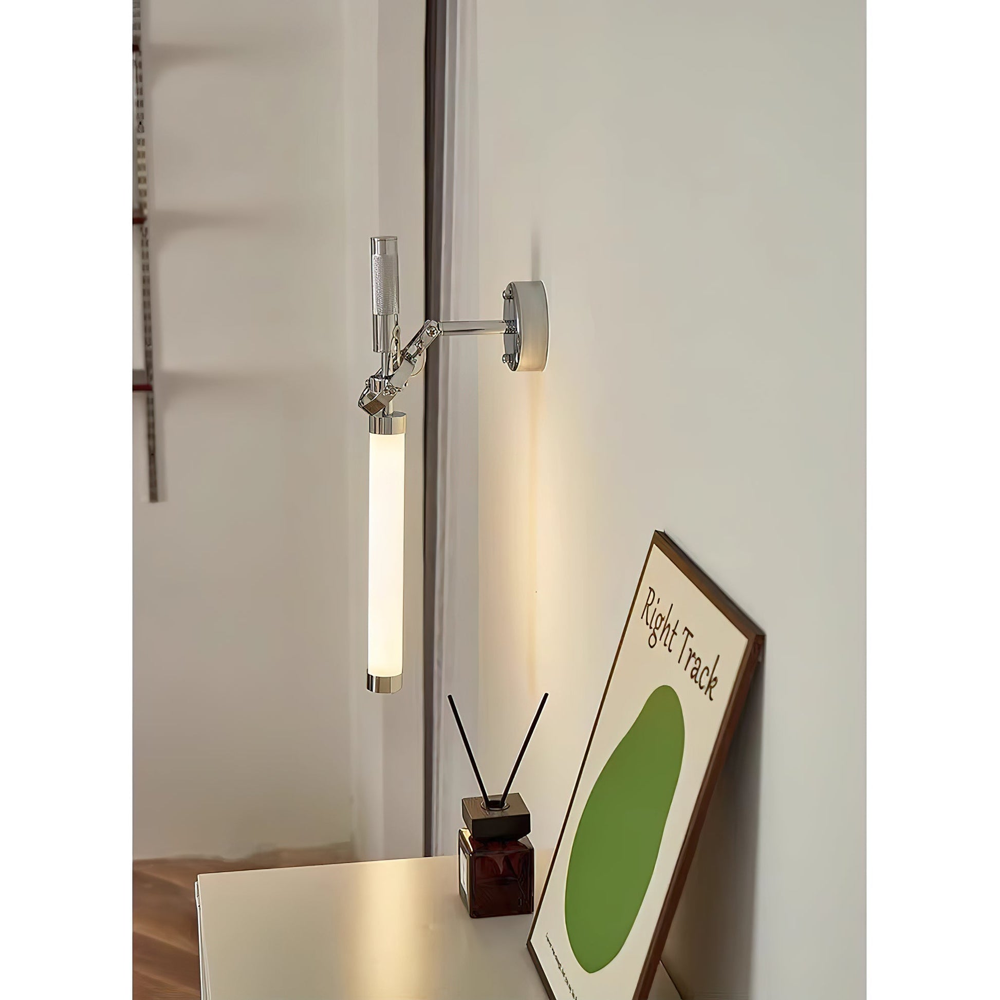 Close-up on the integrated LED light source within the glass shade.