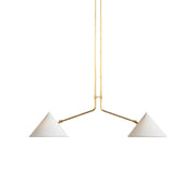 Slide 2 Arm Pendant Lamp in brass finish with white fabric shades.