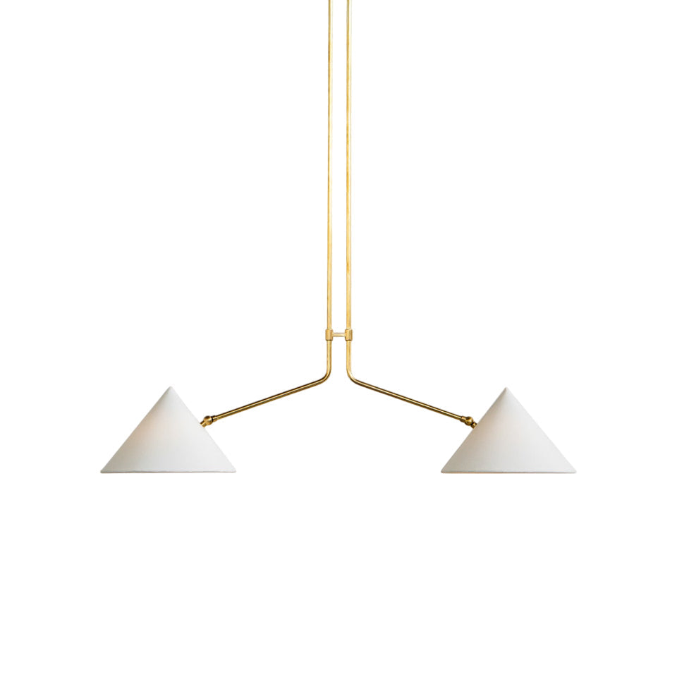 Slide 2 Arm Pendant Lamp in brass finish with white fabric shades.