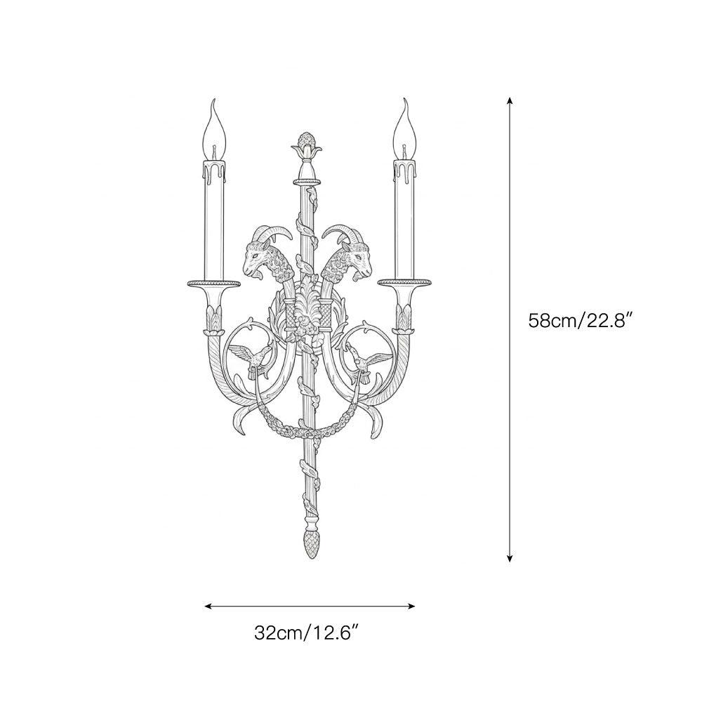 Front view of the two-headed Sociapailis Brass Wall Lamp.