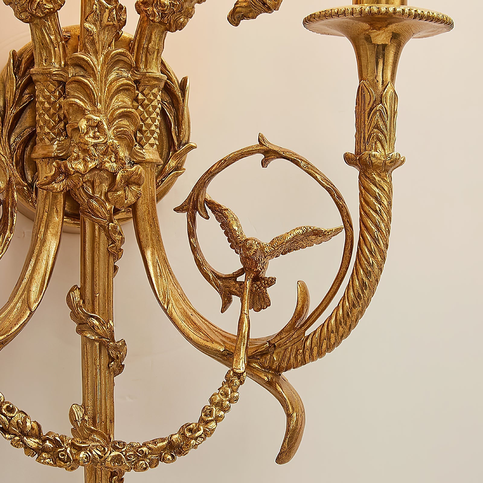 The lamp's brass body reflecting ambient light.