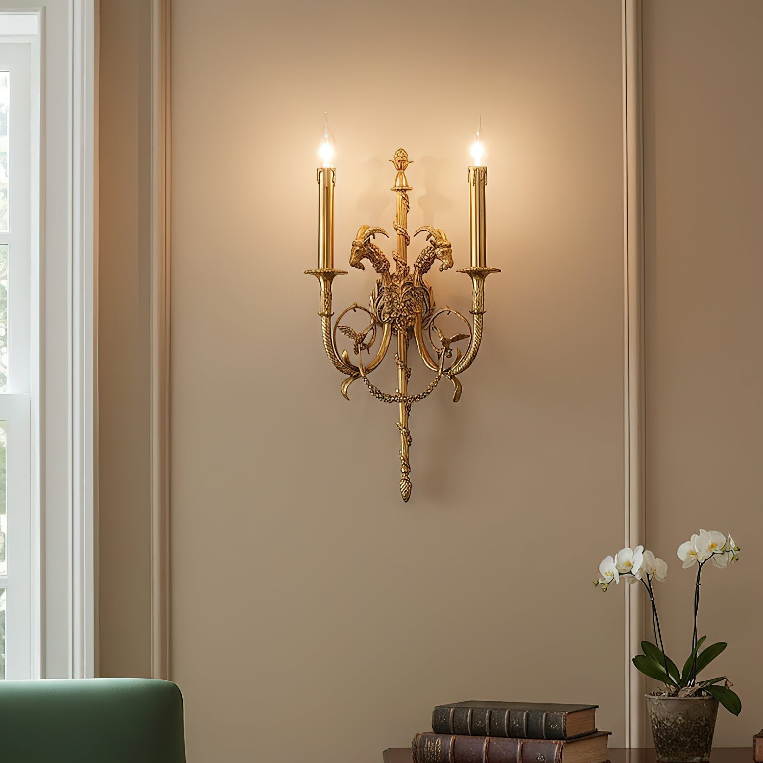 The Sociapailis Wall Lamp illuminating a dark room with a warm glow.