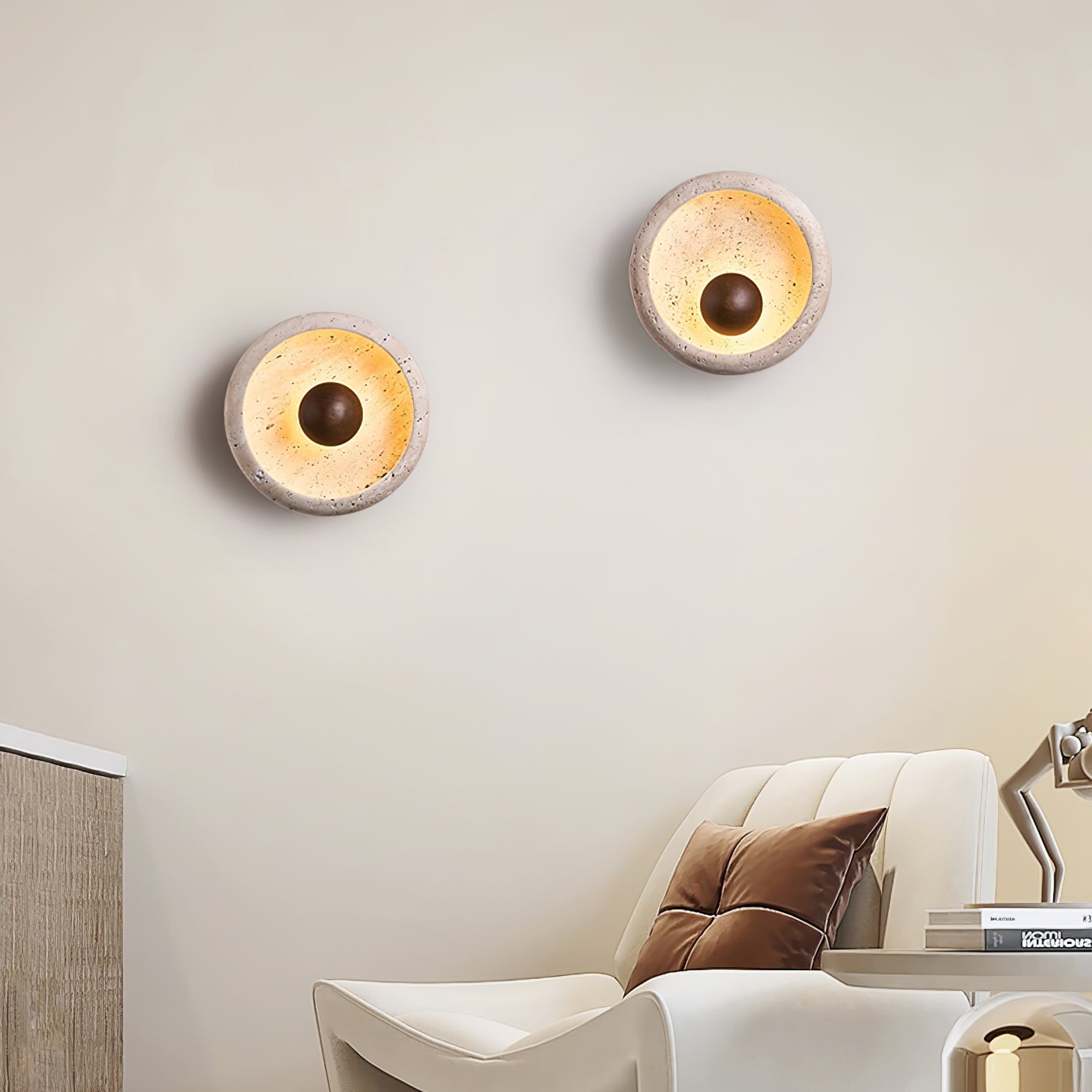 Odenis Orb-Shaped Travertine Wall Light-Neutral Decor