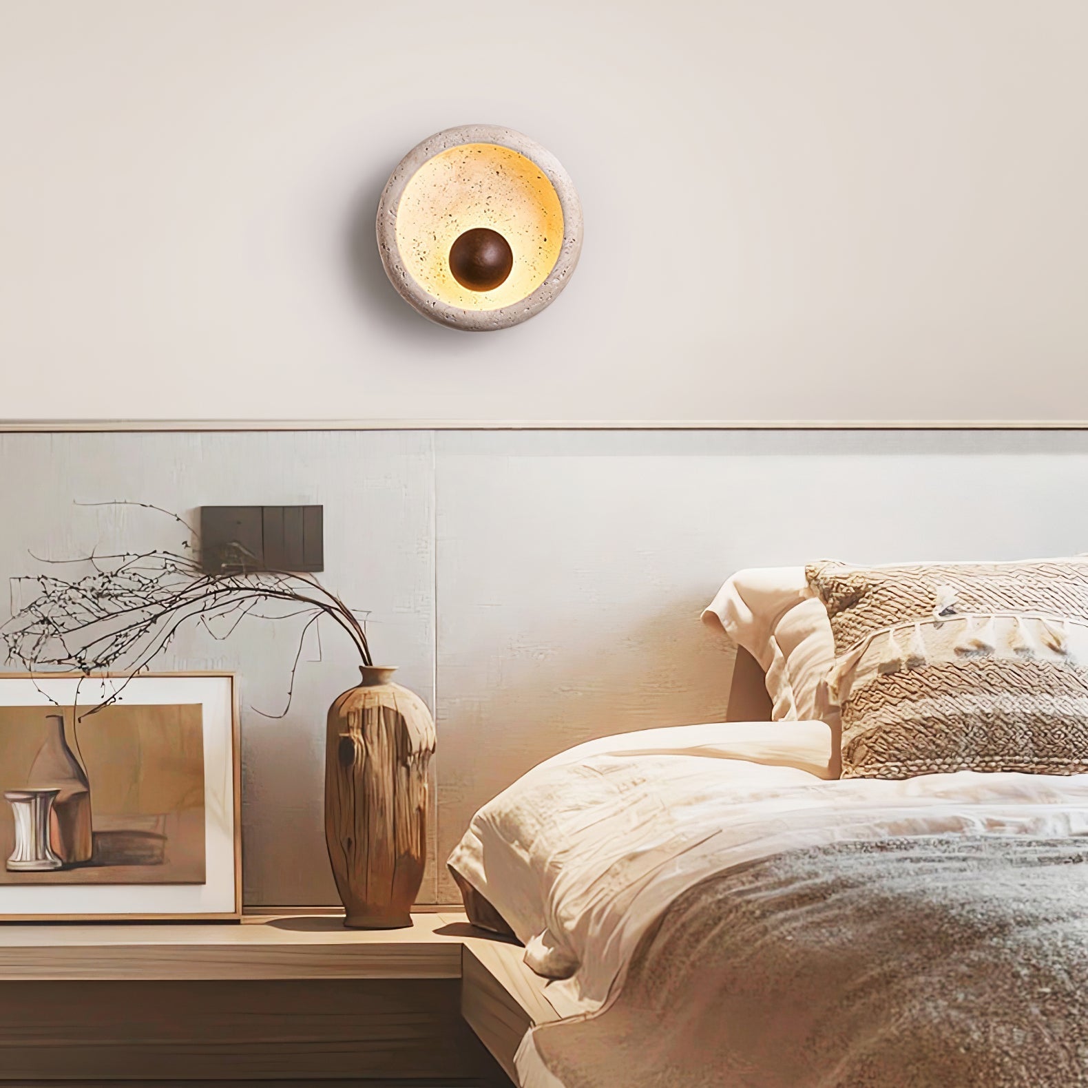 Odenis Orb-Shaped Travertine Wall Light-Neutral Decor