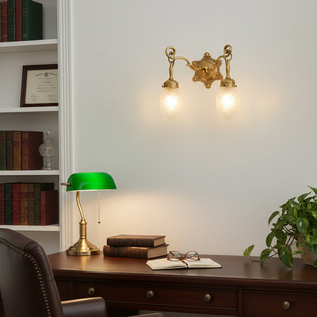 Dimensions diagram for the two-head Solange wall lamp.