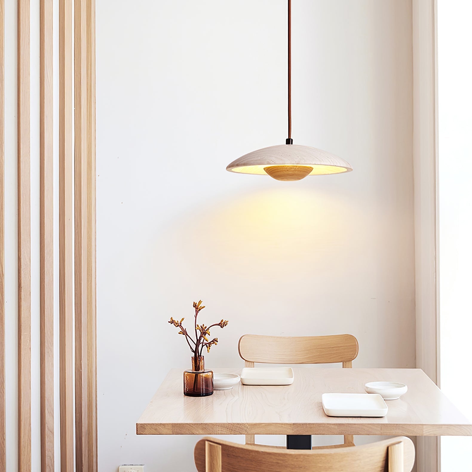 Bax Wide-Brim Travertine Pendant Light-Neutral Decor