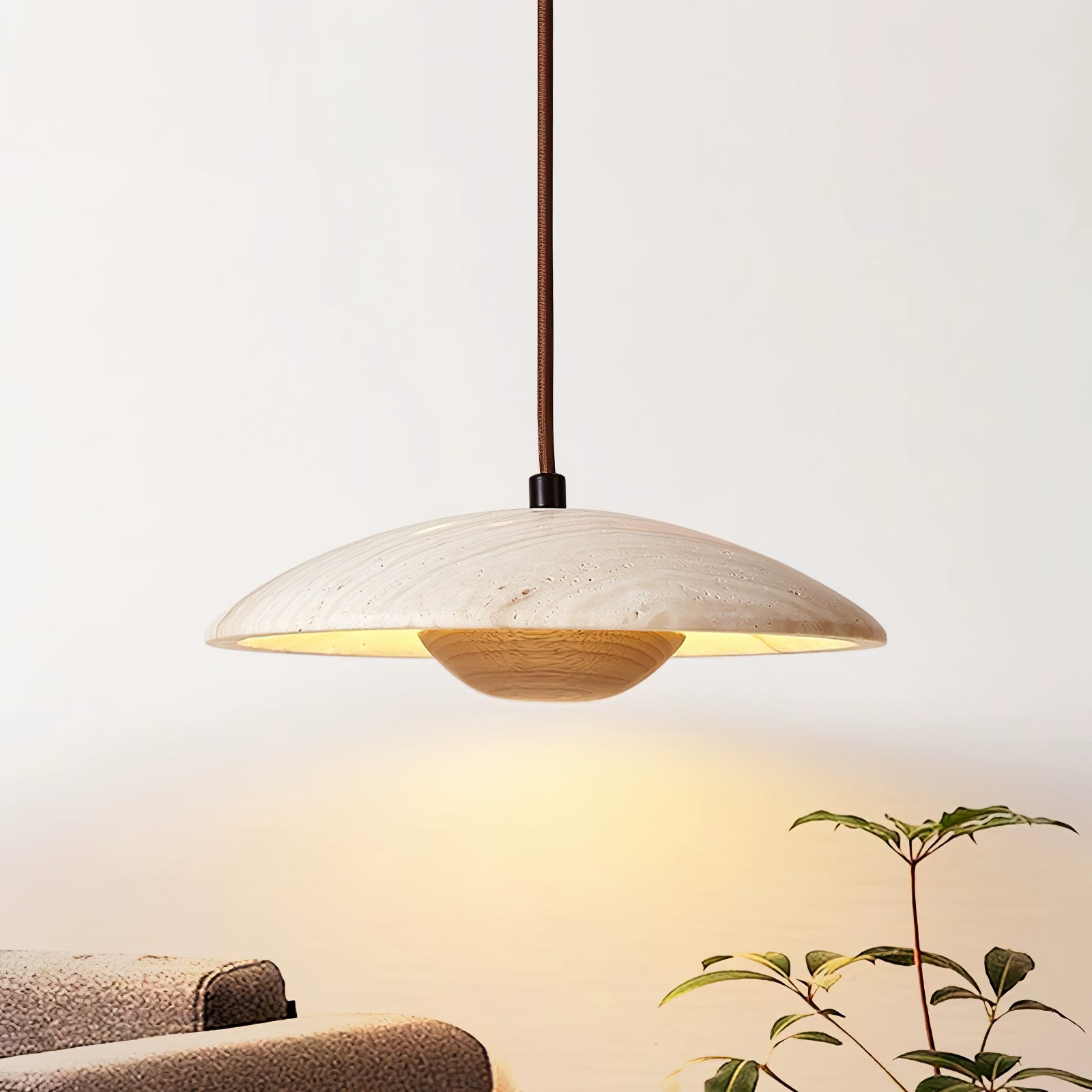 Dixel Wide-Brim Travertine Pendant Light-Neutral Decor