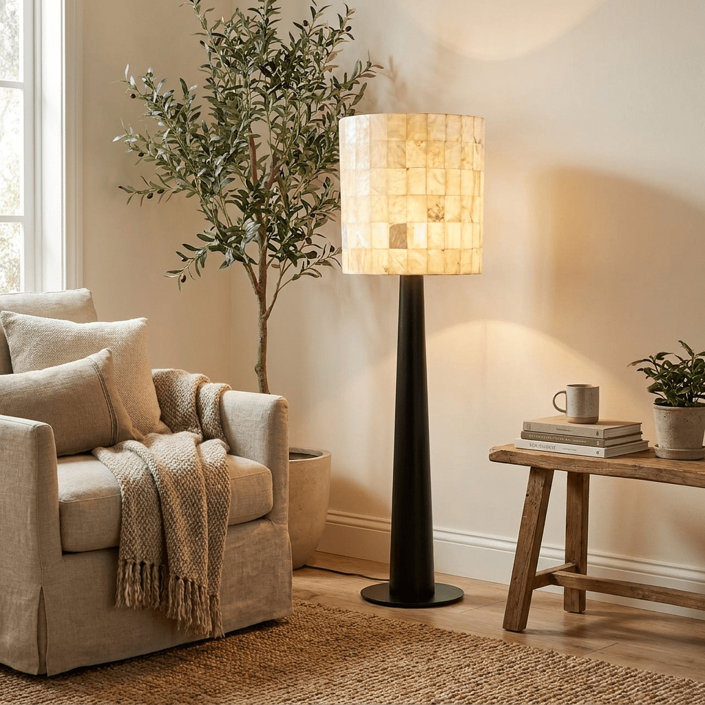 Solavera Alabaster Mosaic Floor Lamp-Neutral Decor