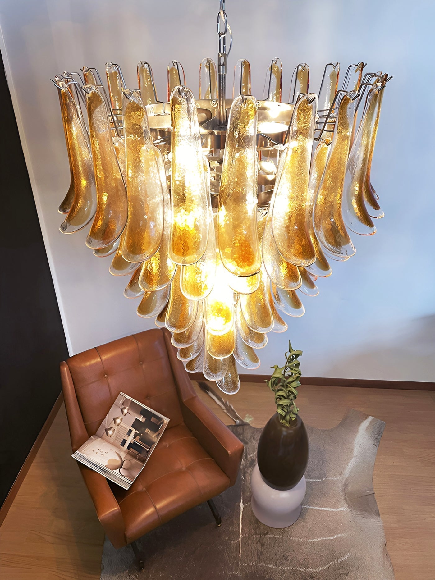 Aurora Chandelier Amber Glass Petals Layered Luxury-Neutral Decor