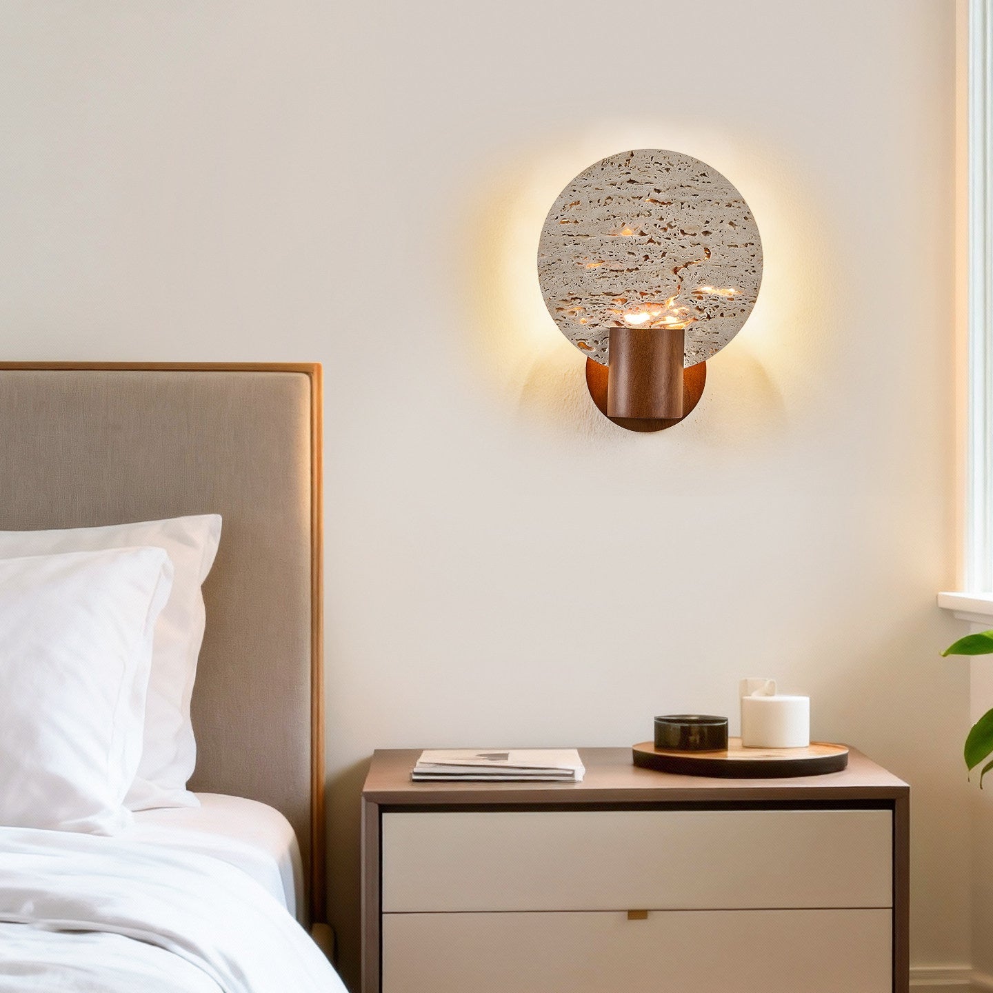 Solis Travertine Round Wall Light-Neutral Decor