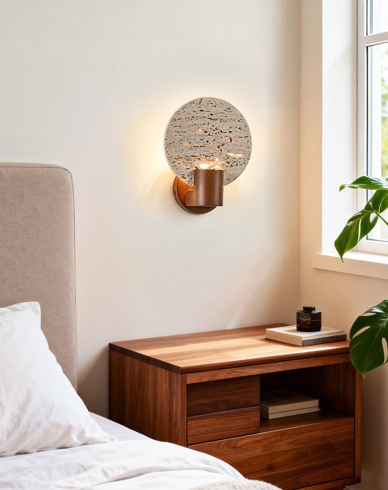 Solis Travertine Round Wall Light-Neutral Decor