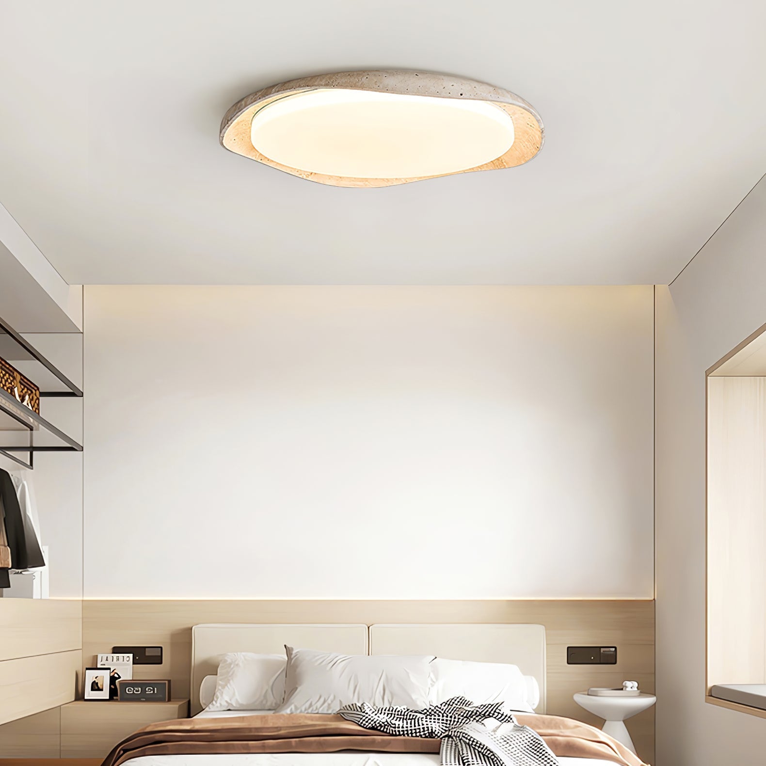 Adoros Rimmed-Circle Travertine Ceiling Light-Neutral Decor
