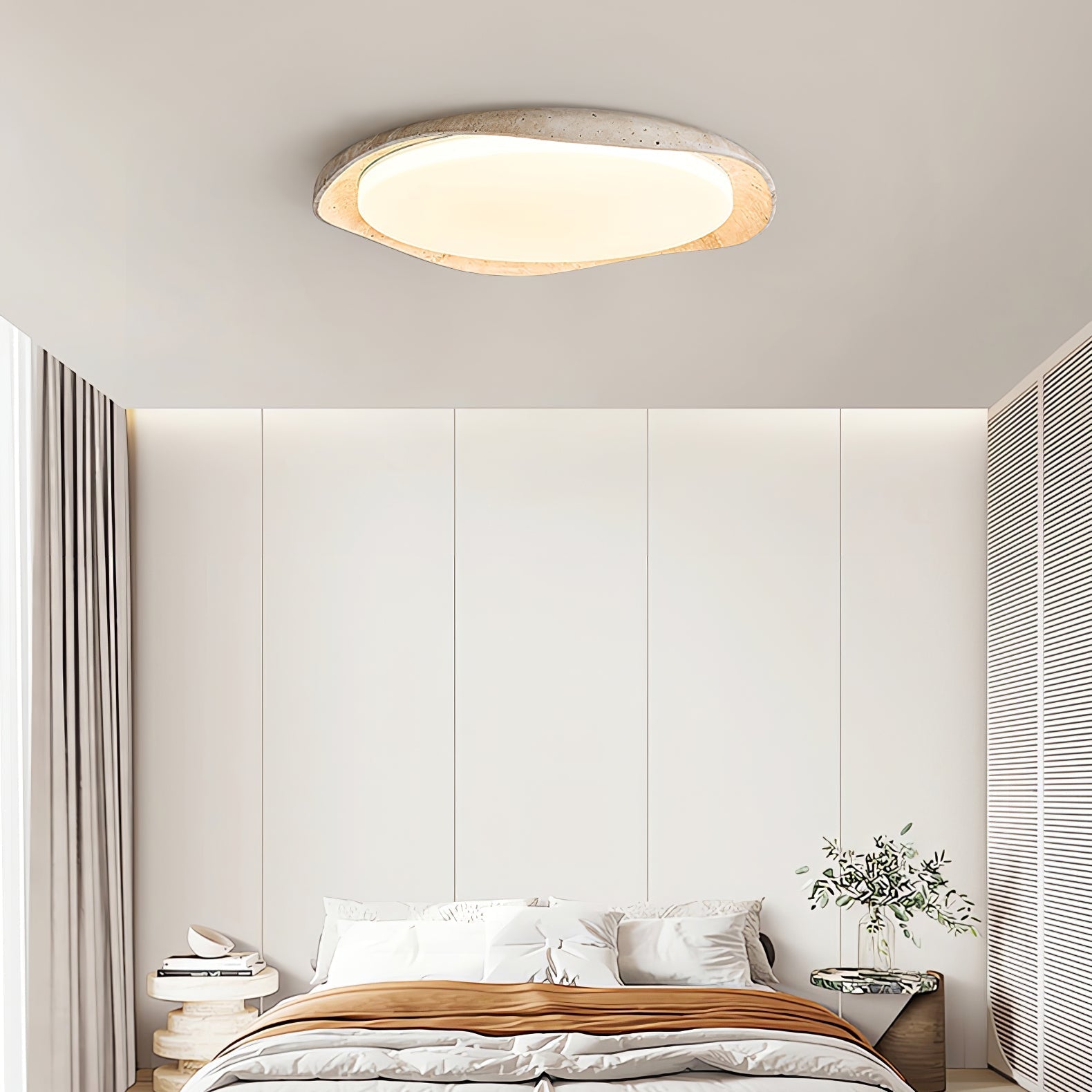 Adoros Rimmed-Circle Travertine Ceiling Light-Neutral Decor