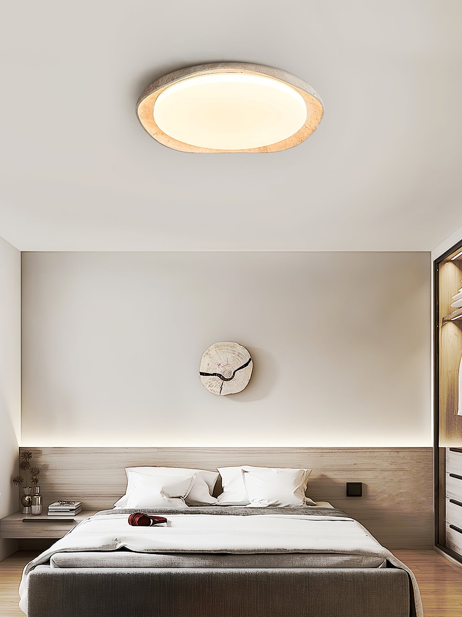 Adoros Rimmed-Circle Travertine Ceiling Light-Neutral Decor