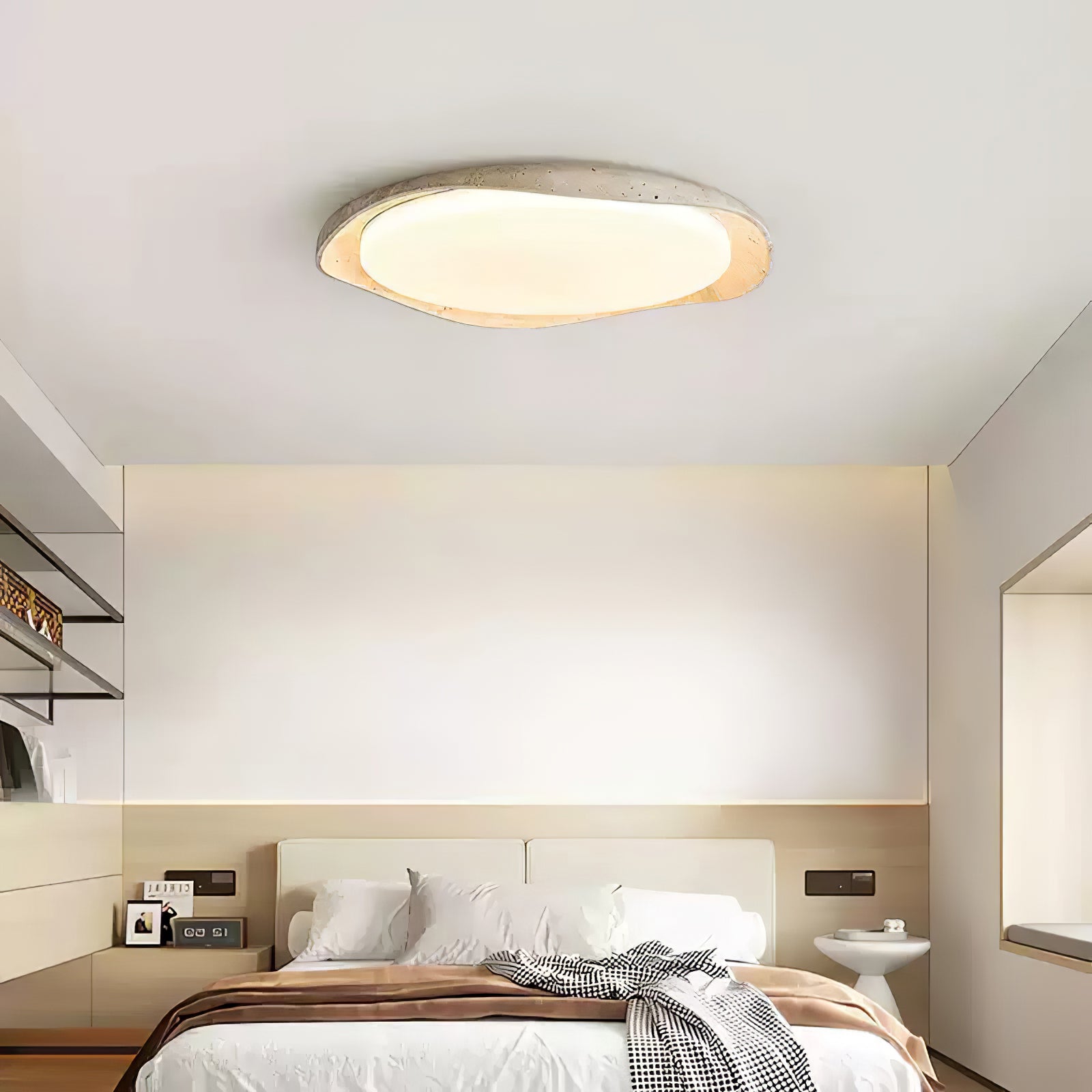 Adoros Rimmed-Circle Travertine Ceiling Light-Neutral Decor
