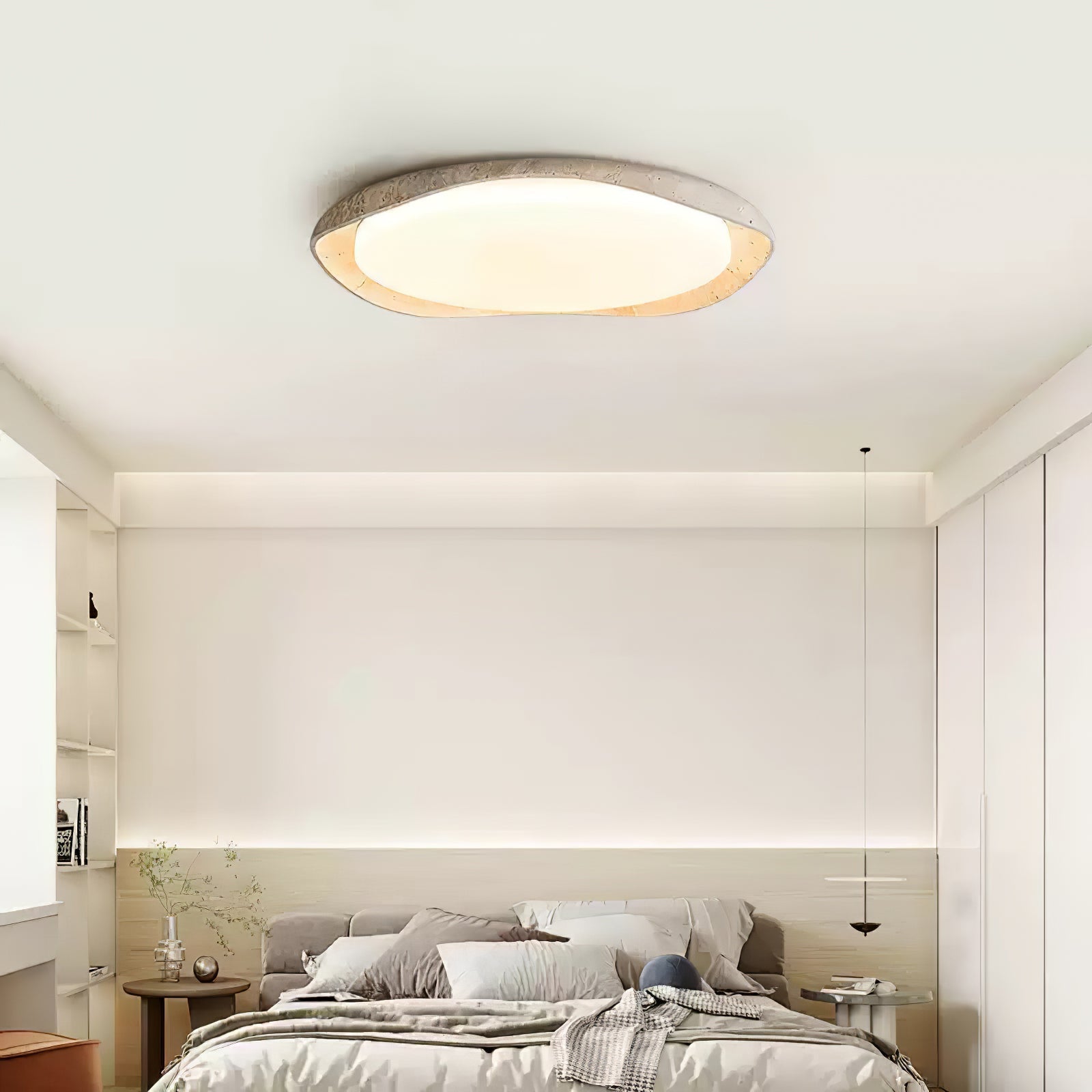 Adoros Rimmed-Circle Travertine Ceiling Light-Neutral Decor
