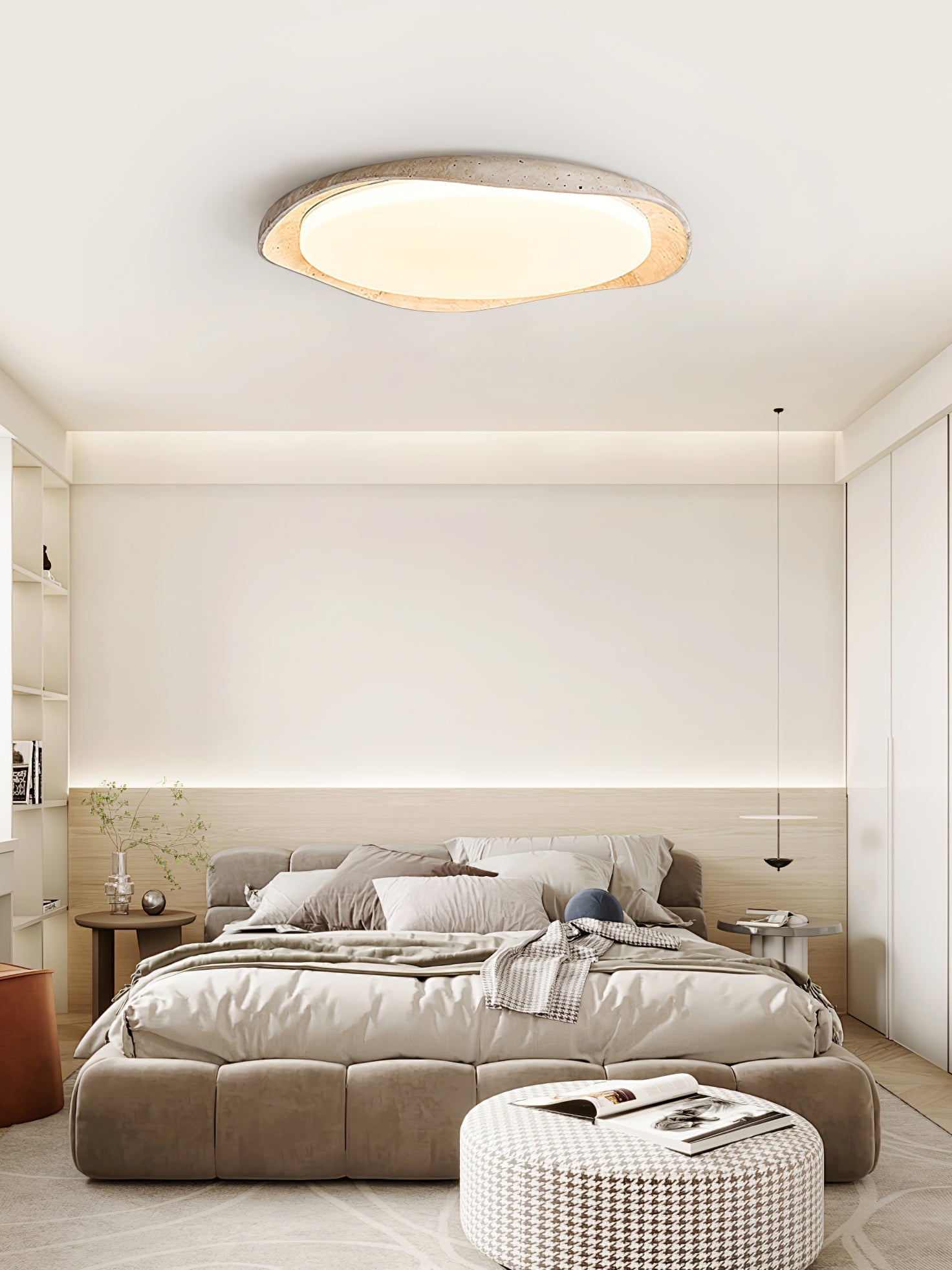 Adoros Rimmed-Circle Travertine Ceiling Light-Neutral Decor