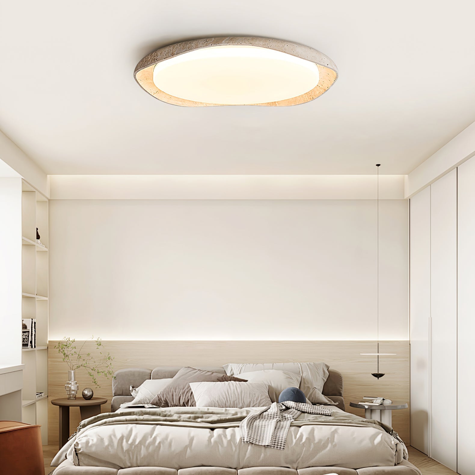 Adoros Rimmed-Circle Travertine Ceiling Light-Neutral Decor