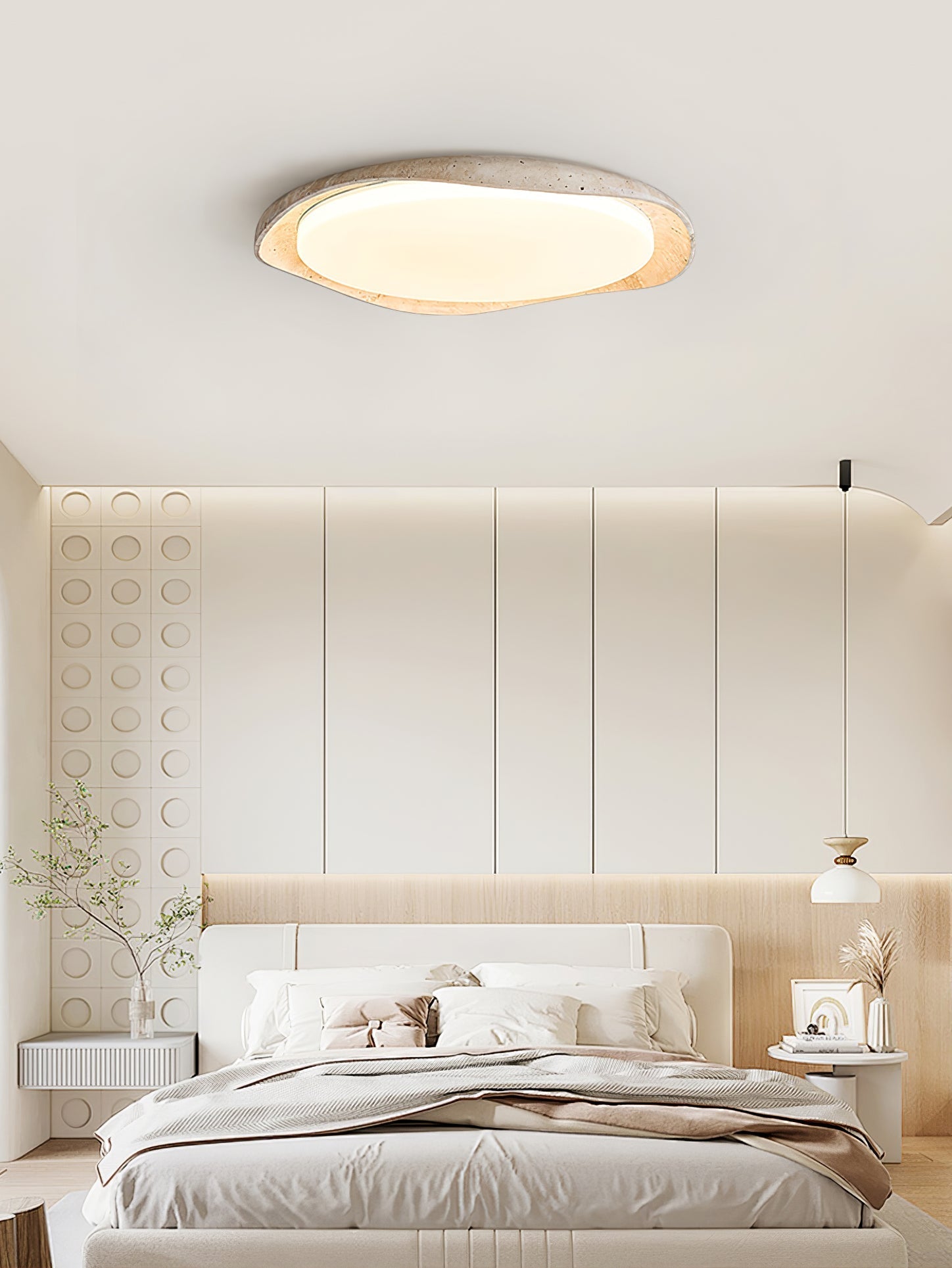 Adoros Rimmed-Circle Travertine Ceiling Light-Neutral Decor