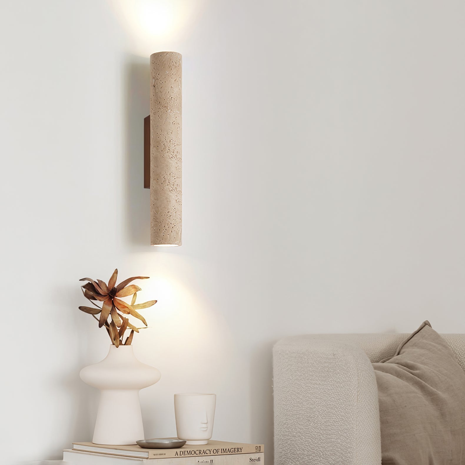 Reveno Slim Cylinder Travertine Wall Light-Neutral Decor