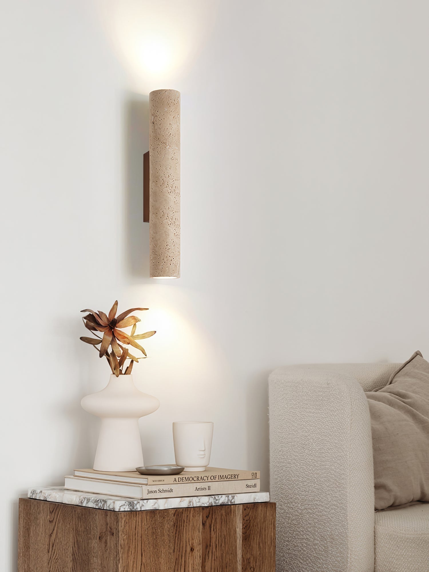 Reveno Slim Cylinder Travertine Wall Light-Neutral Decor