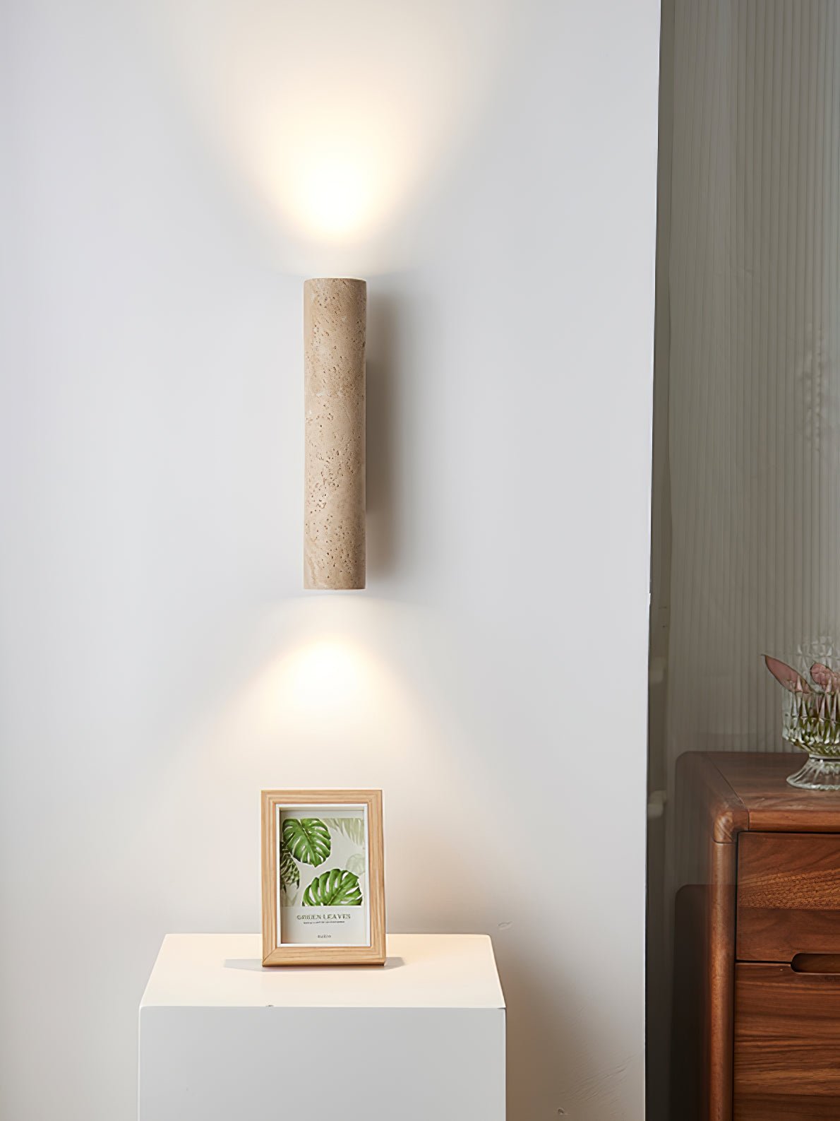 Reveno Slim Cylinder Travertine Wall Light-Neutral Decor