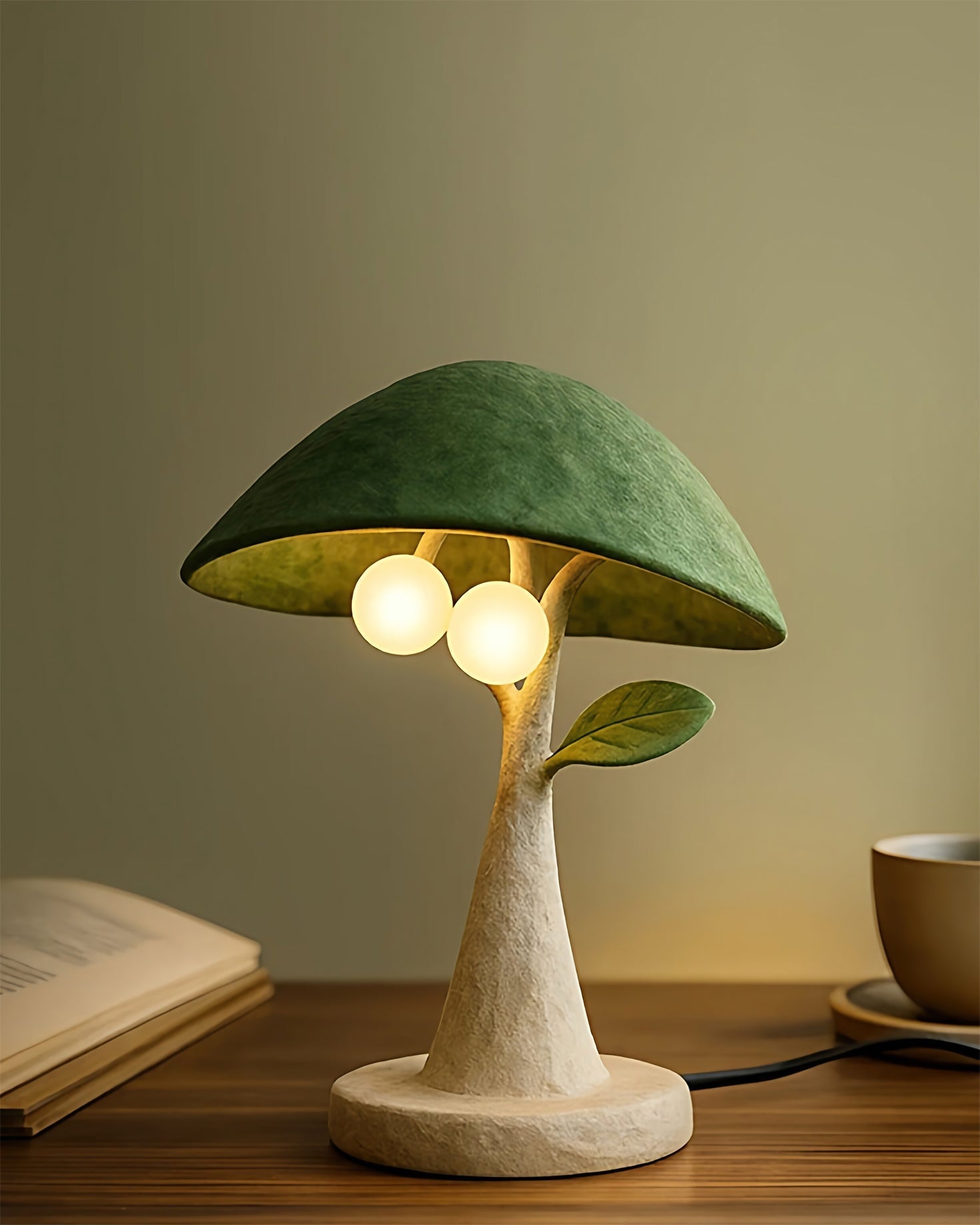 Side view of the Soloma Table Lamp showing the sculpted leaf detail on the resin trunk.