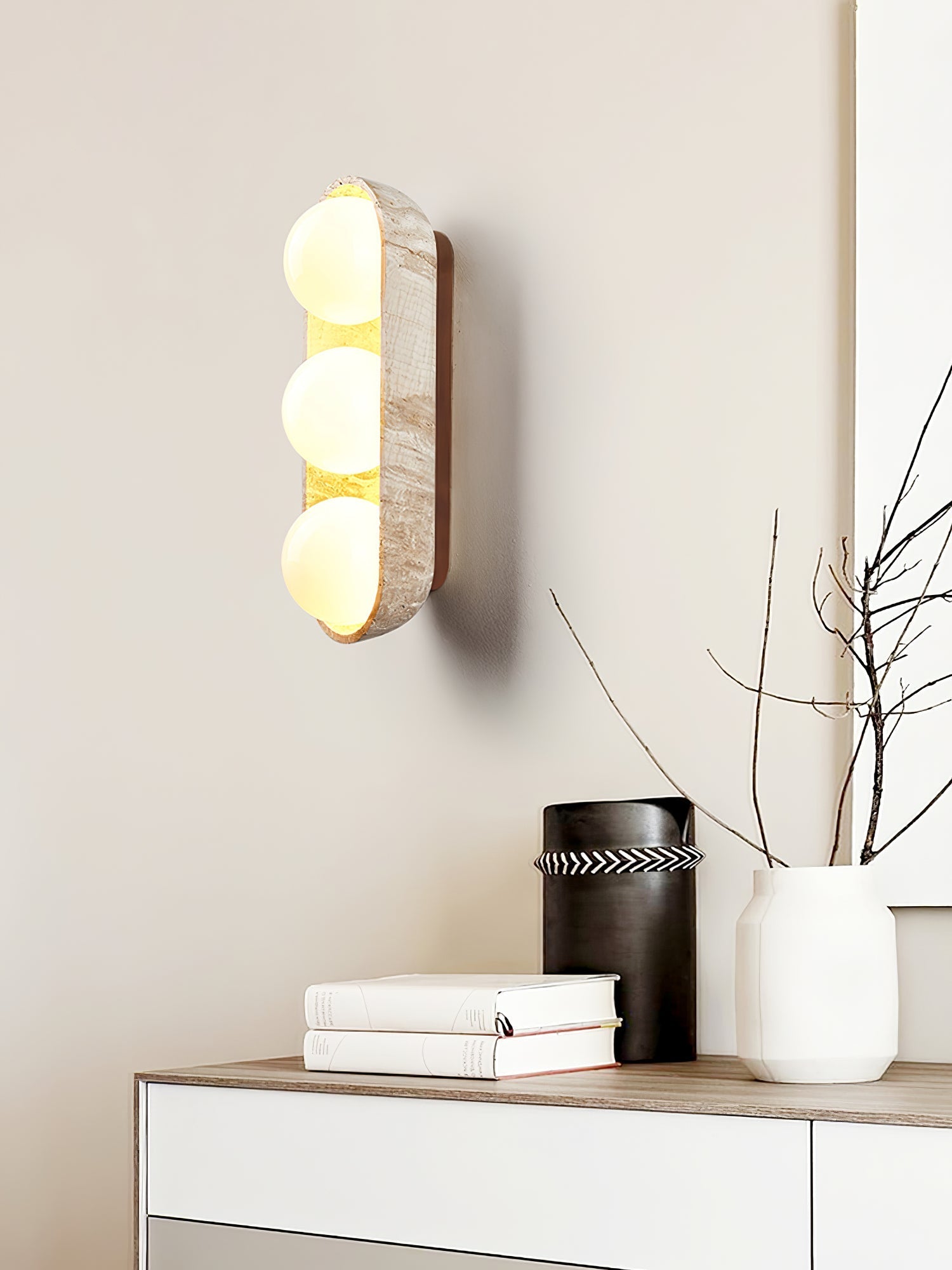 Trio Globe Travertine Wall Sconce-Neutral Decor