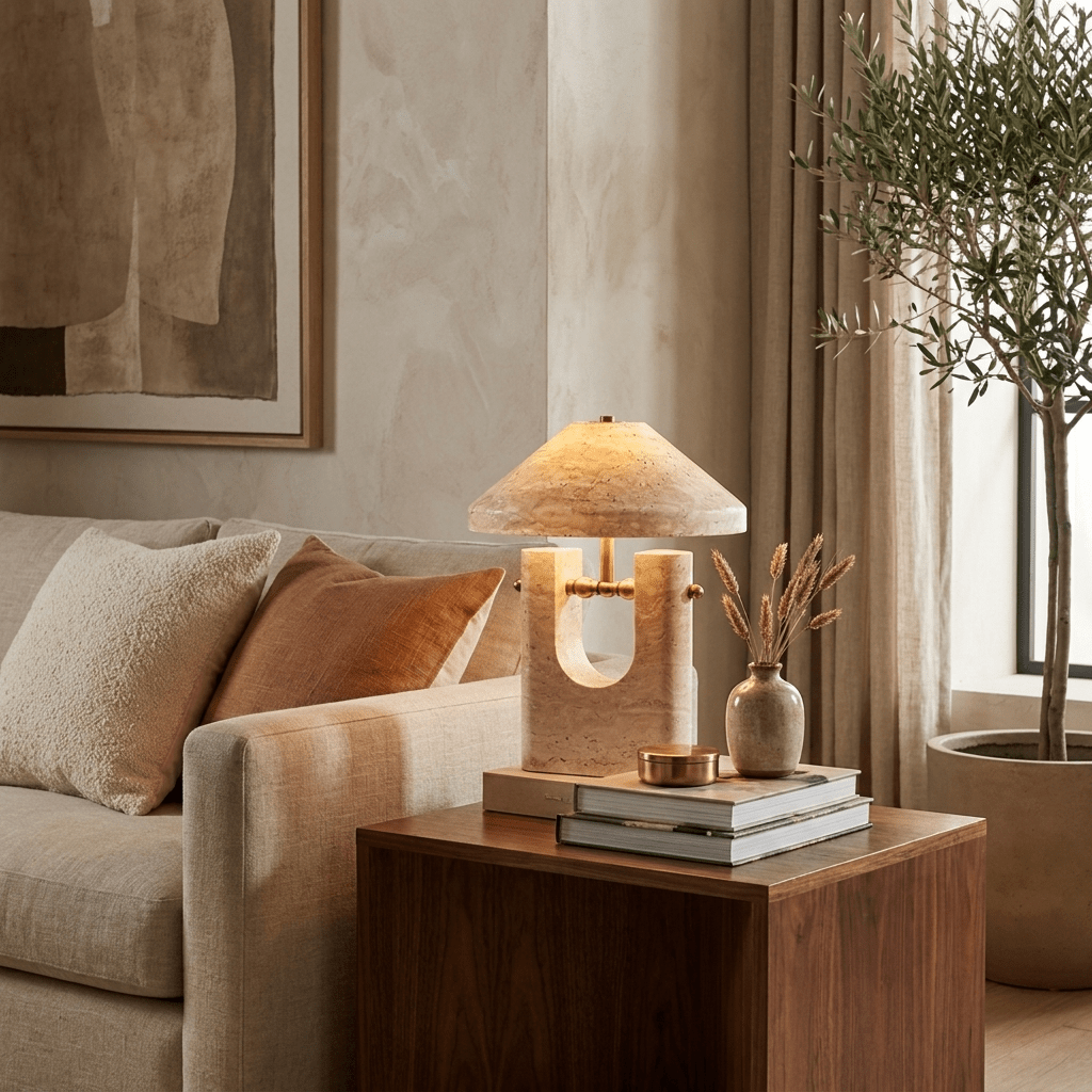 Solvra Yellow Travertine Table Lamp-Neutral Decor