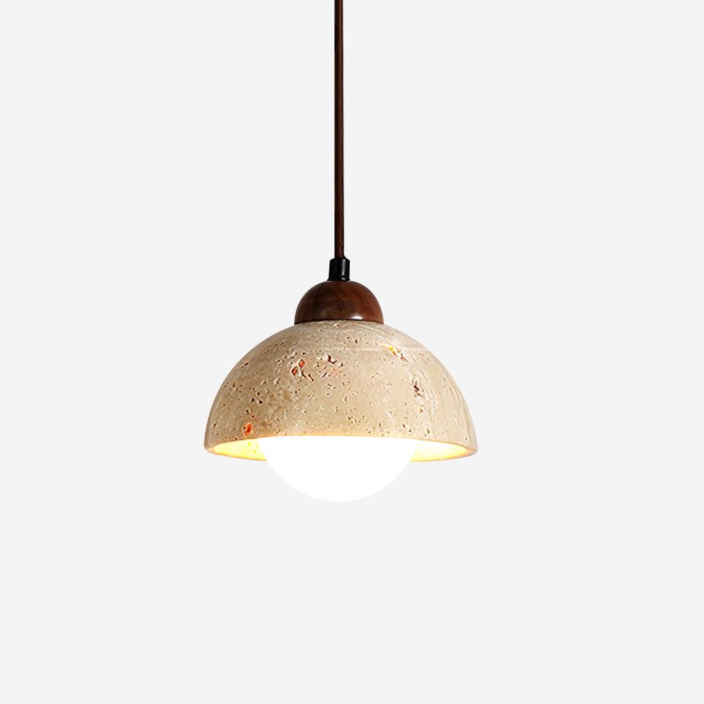 Zeno Pendant Lamp Wood Top Yellow Travertine Glass Shade White Beige Modern-Neutral Decor