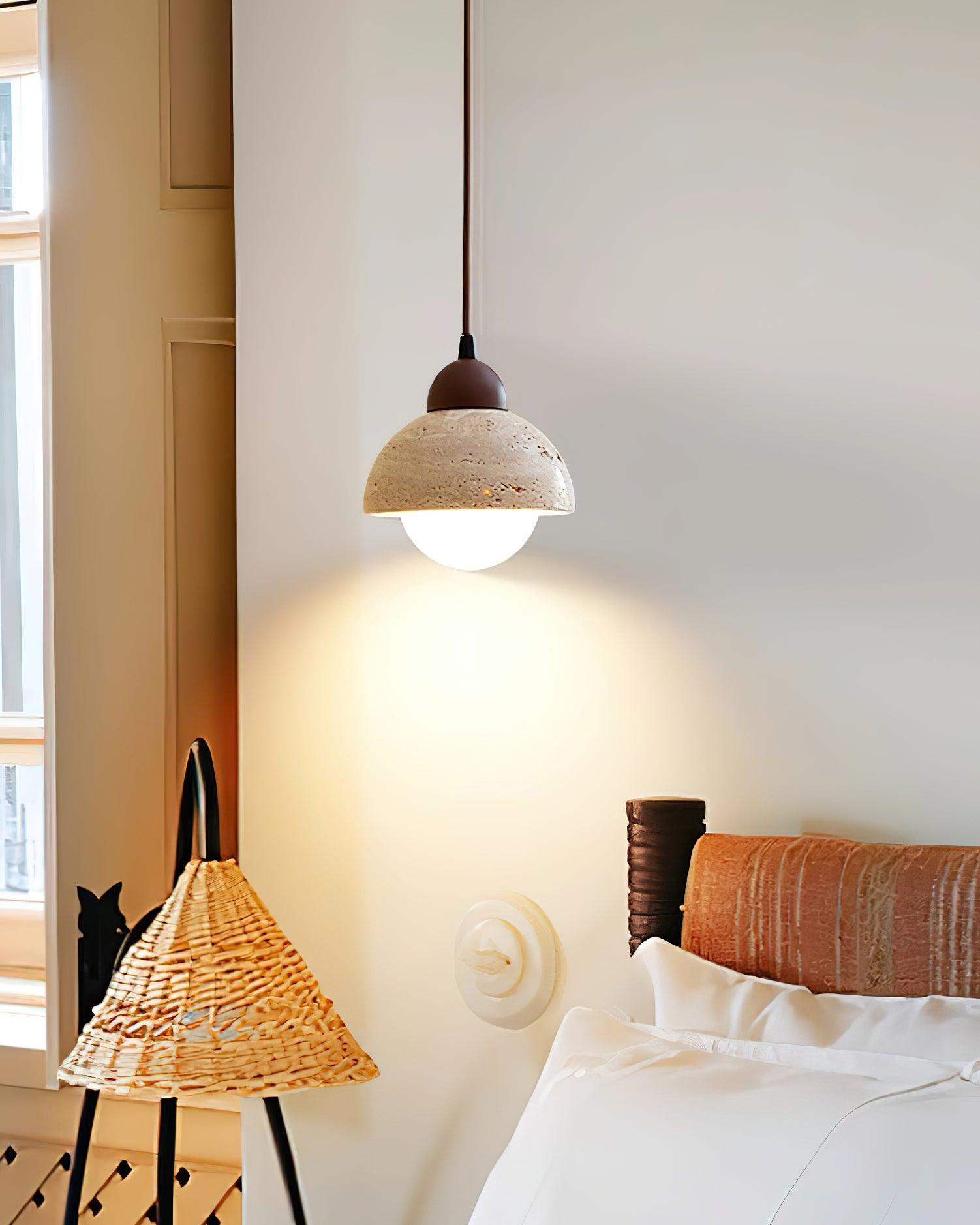 Zeno Pendant Lamp Wood Top Yellow Travertine Glass Shade White Beige Modern-Neutral Decor