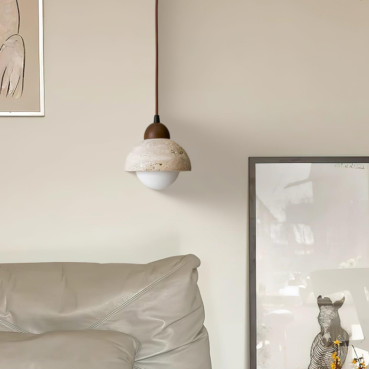 Zeno Pendant Lamp Wood Top Yellow Travertine Glass Shade White Beige Modern-Neutral Decor