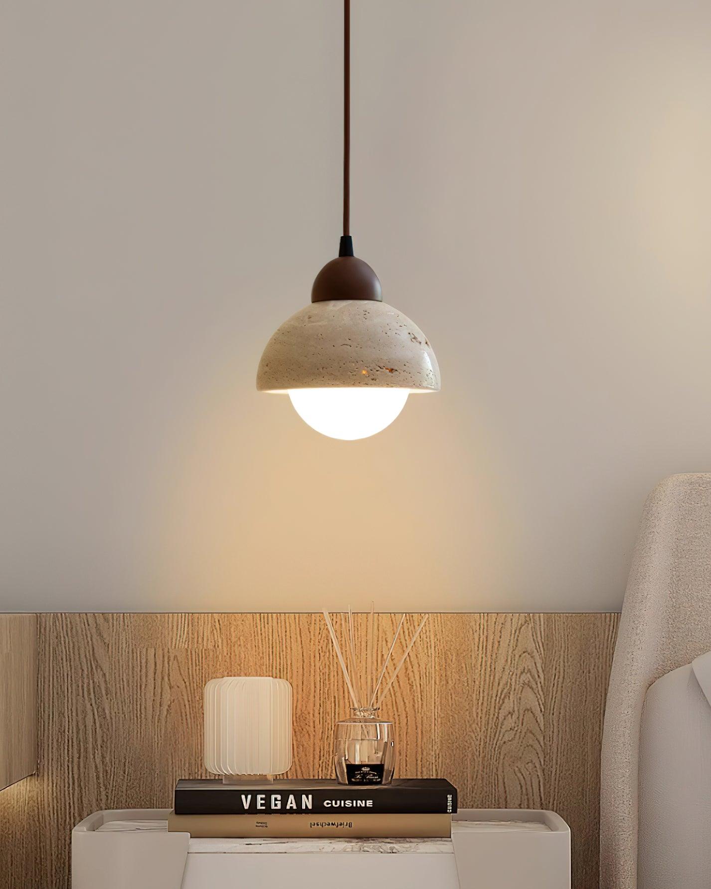 Pendant Lamp Wood Top Yellow Travertine Glass Shade White Beige Modern