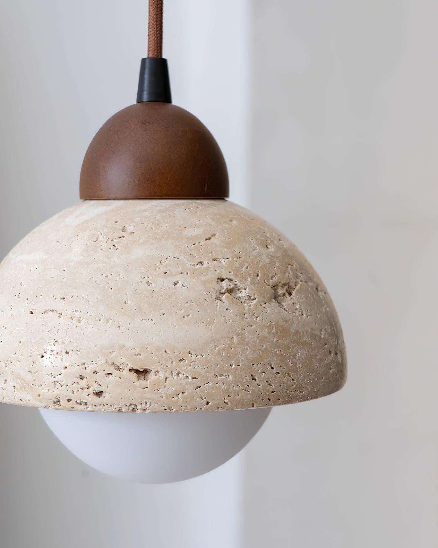 Pendant Lamp Wood Top Yellow Travertine Glass Shade White Beige Modern