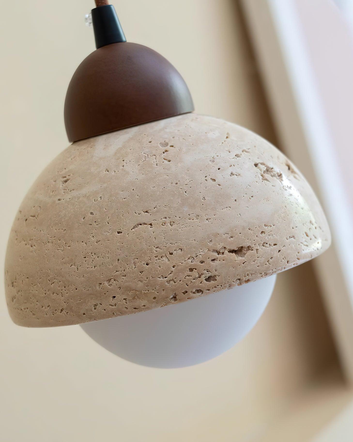 Zeno Pendant Lamp Wood Top Yellow Travertine Glass Shade White Beige Modern-Neutral Decor