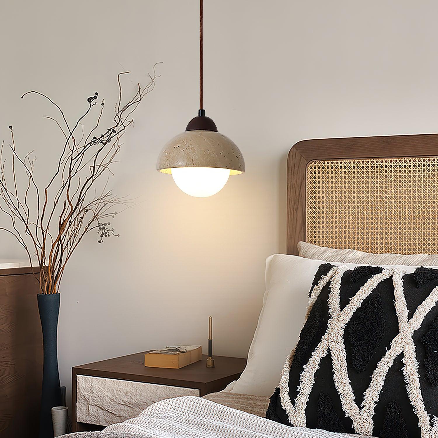 Pendant Lamp Wood Top Yellow Travertine Glass Shade White Beige Modern