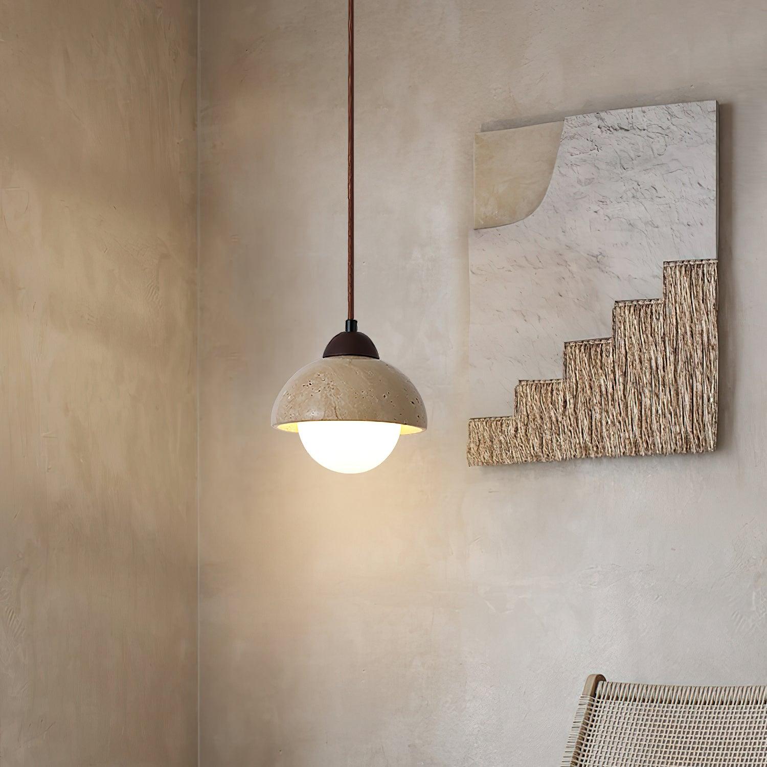 Pendant Lamp Wood Top Yellow Travertine Glass Shade White Beige Modern
